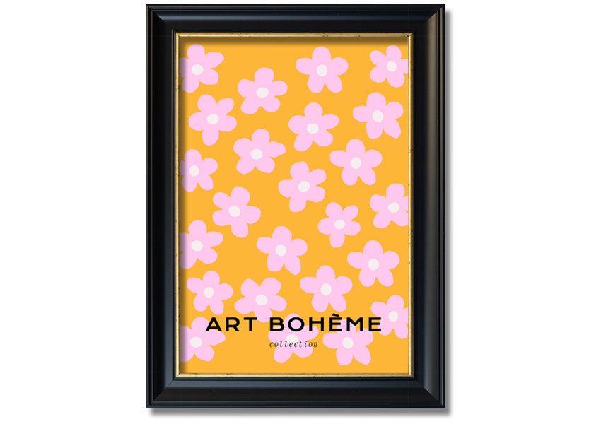 Framed print of pink flowers on a vibrant yellow background, showcasing handmade craftsmanship from the UK.