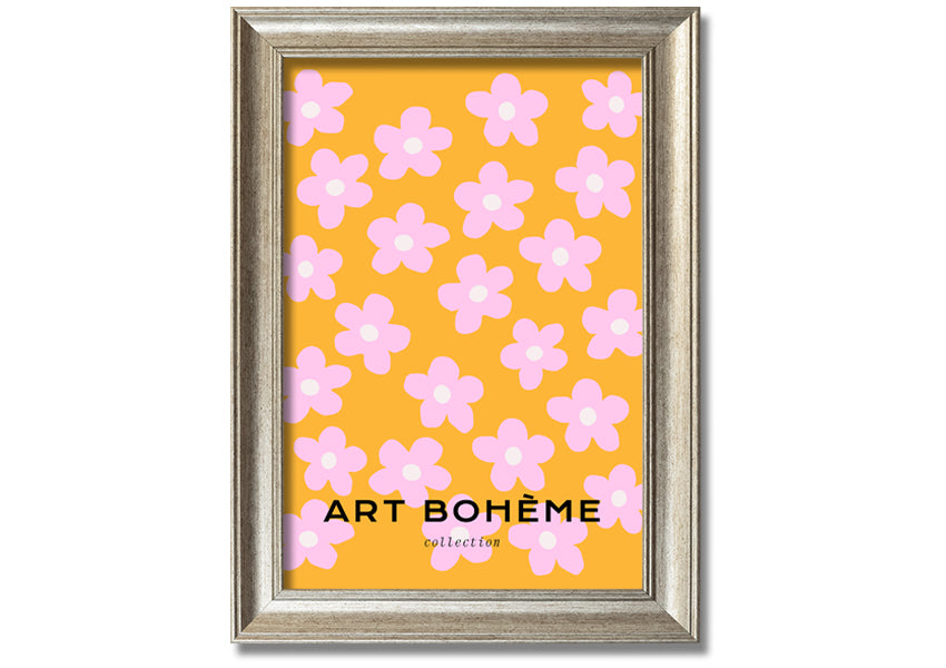 Framed print of pink flowers on a vibrant yellow background, showcasing handmade craftsmanship from the UK.