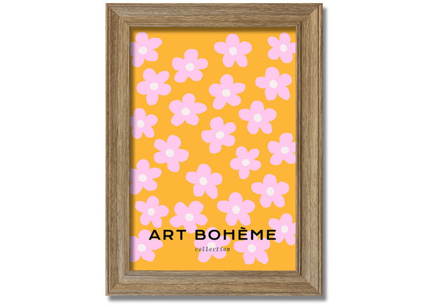 Framed print of pink flowers on a vibrant yellow background, showcasing handmade craftsmanship from the UK.