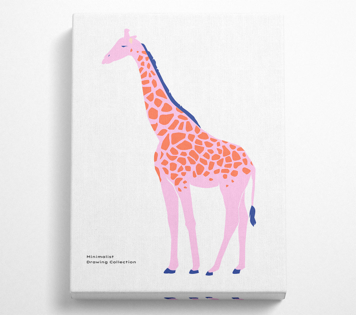 A vibrant pink giraffe artwork printed on coated polyester canvas, mounted on a sturdy 44mm box frame, ready to hang.