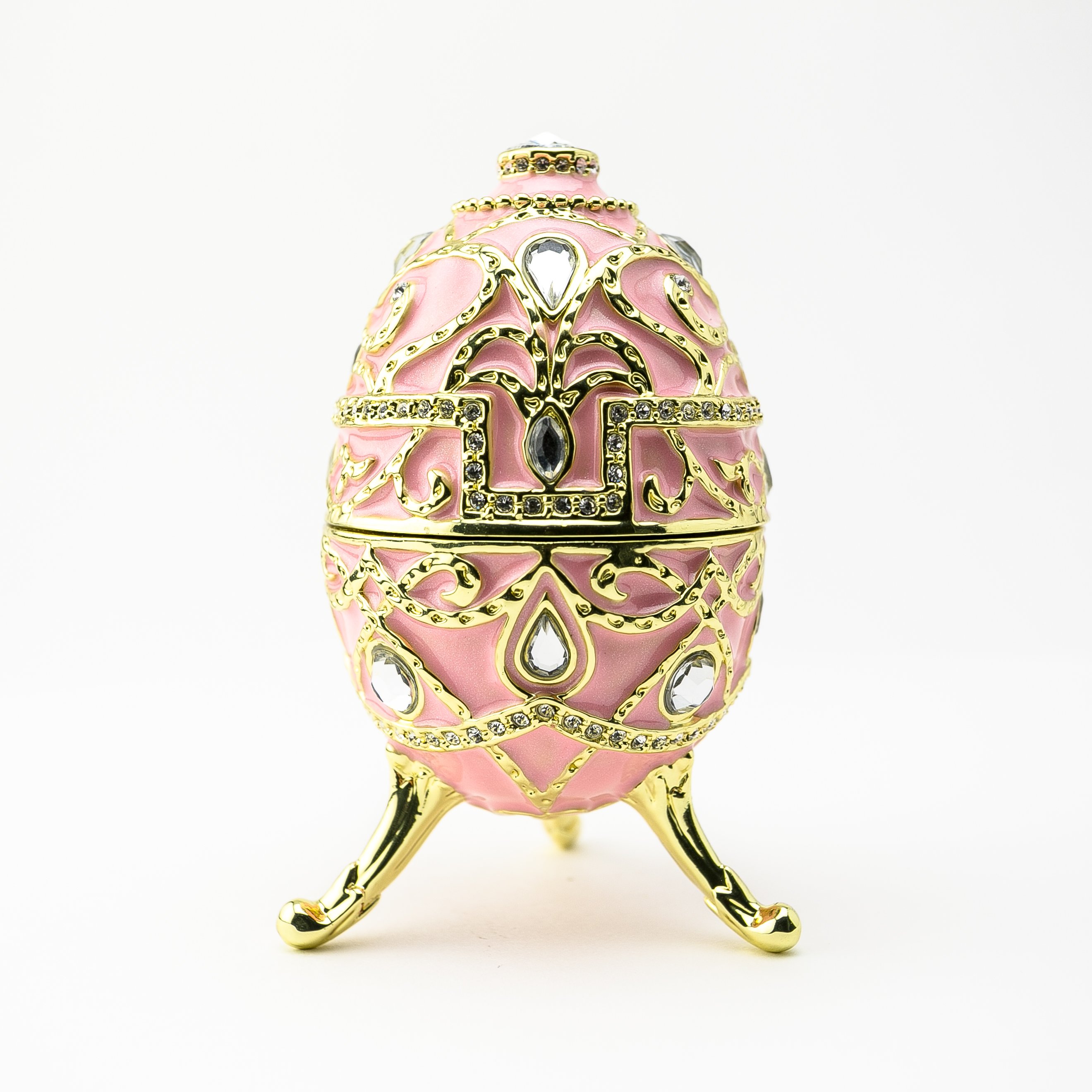 A beautifully crafted Pink Music Playing Russian Egg trinket box adorned with Austrian crystals and plated with 24K gold, showcasing intricate details.