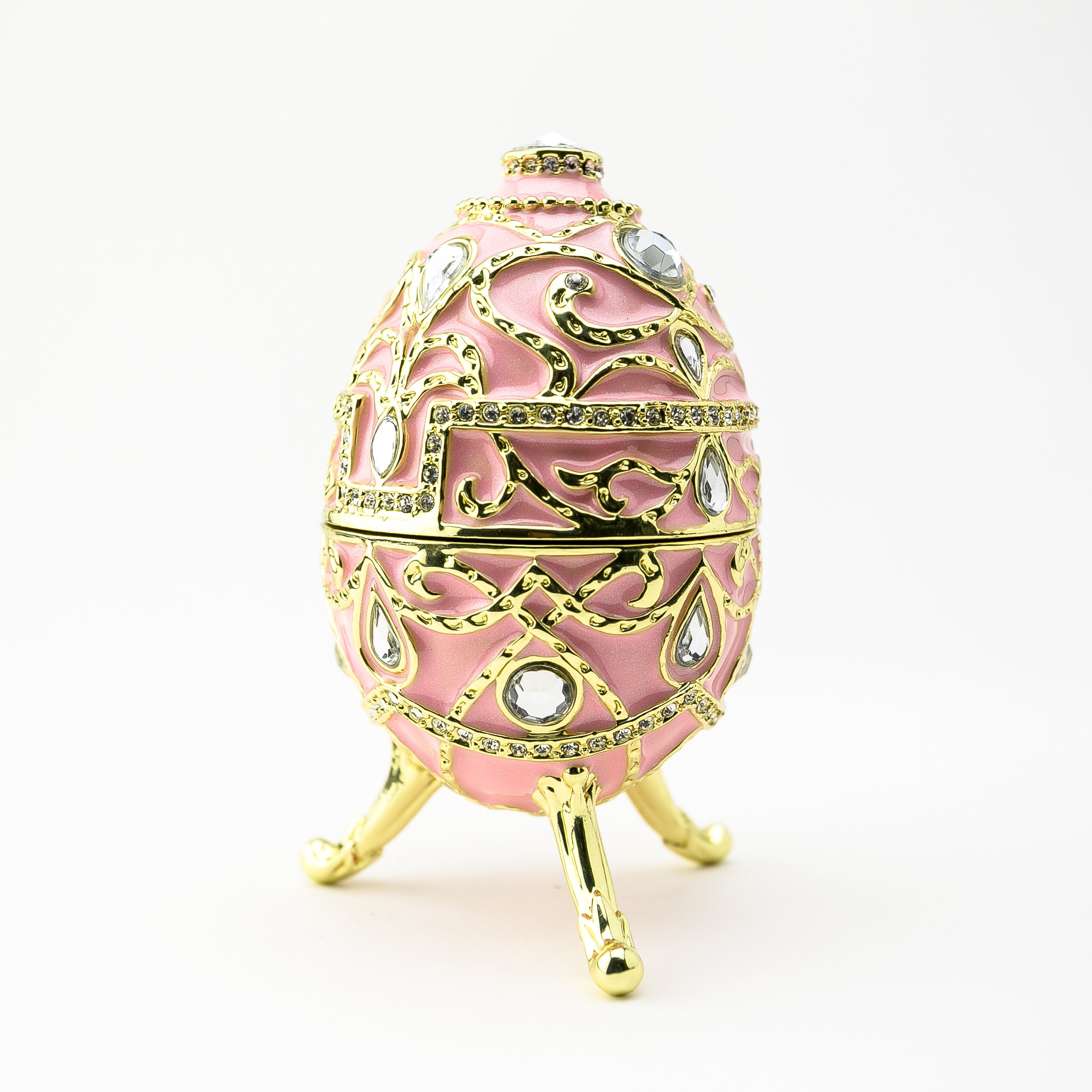 A beautifully crafted Pink Music Playing Russian Egg trinket box adorned with Austrian crystals and plated with 24K gold, showcasing intricate details.