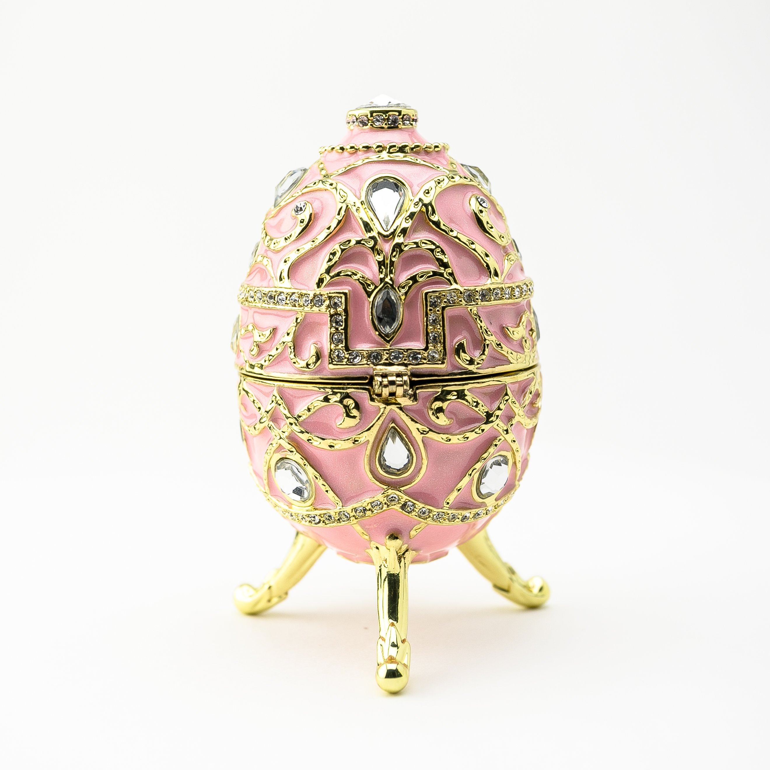 A beautifully crafted Pink Music Playing Russian Egg trinket box adorned with Austrian crystals and plated with 24K gold, showcasing intricate details.