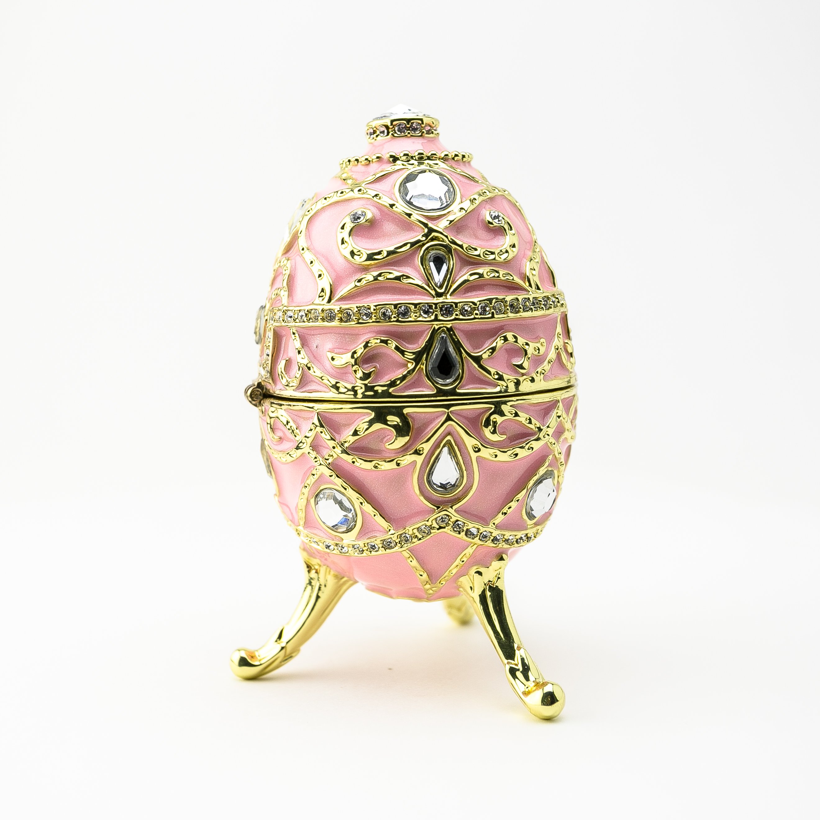 A beautifully crafted Pink Music Playing Russian Egg trinket box adorned with Austrian crystals and plated with 24K gold, showcasing intricate details.