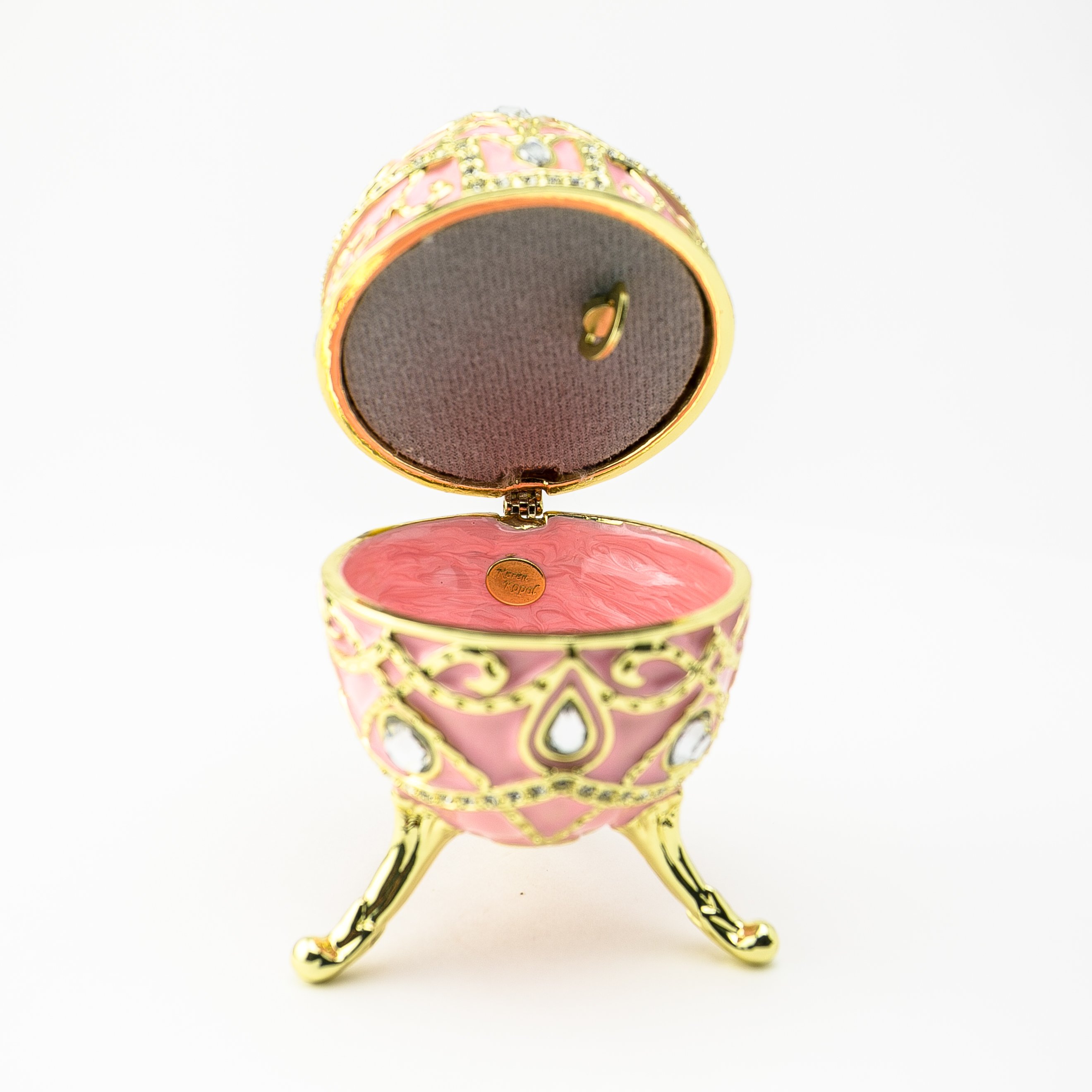 A beautifully crafted Pink Music Playing Russian Egg trinket box adorned with Austrian crystals and plated with 24K gold, showcasing intricate details.