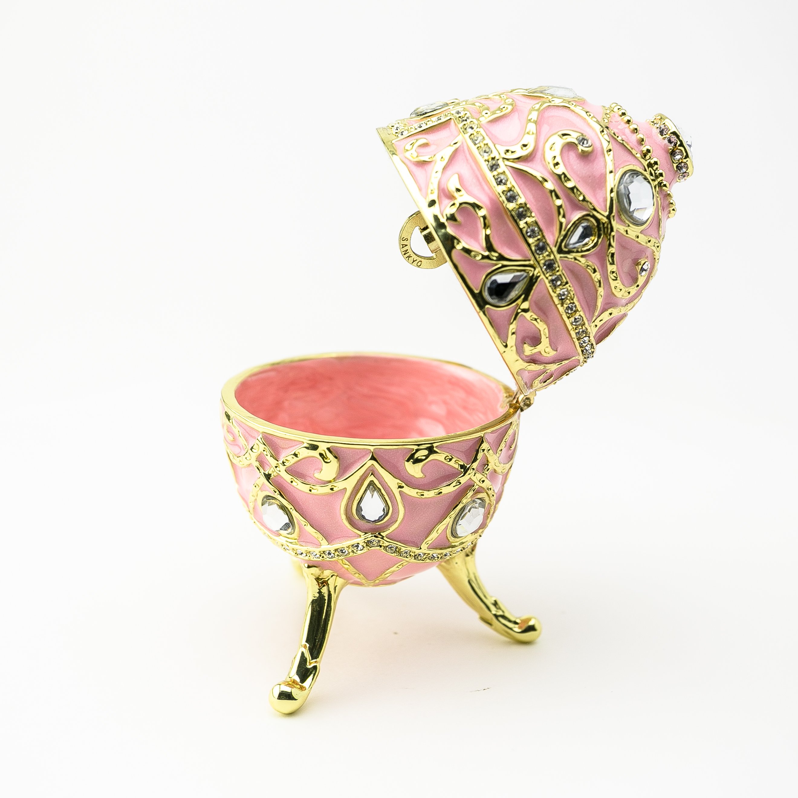 A beautifully crafted Pink Music Playing Russian Egg trinket box adorned with Austrian crystals and plated with 24K gold, showcasing intricate details.