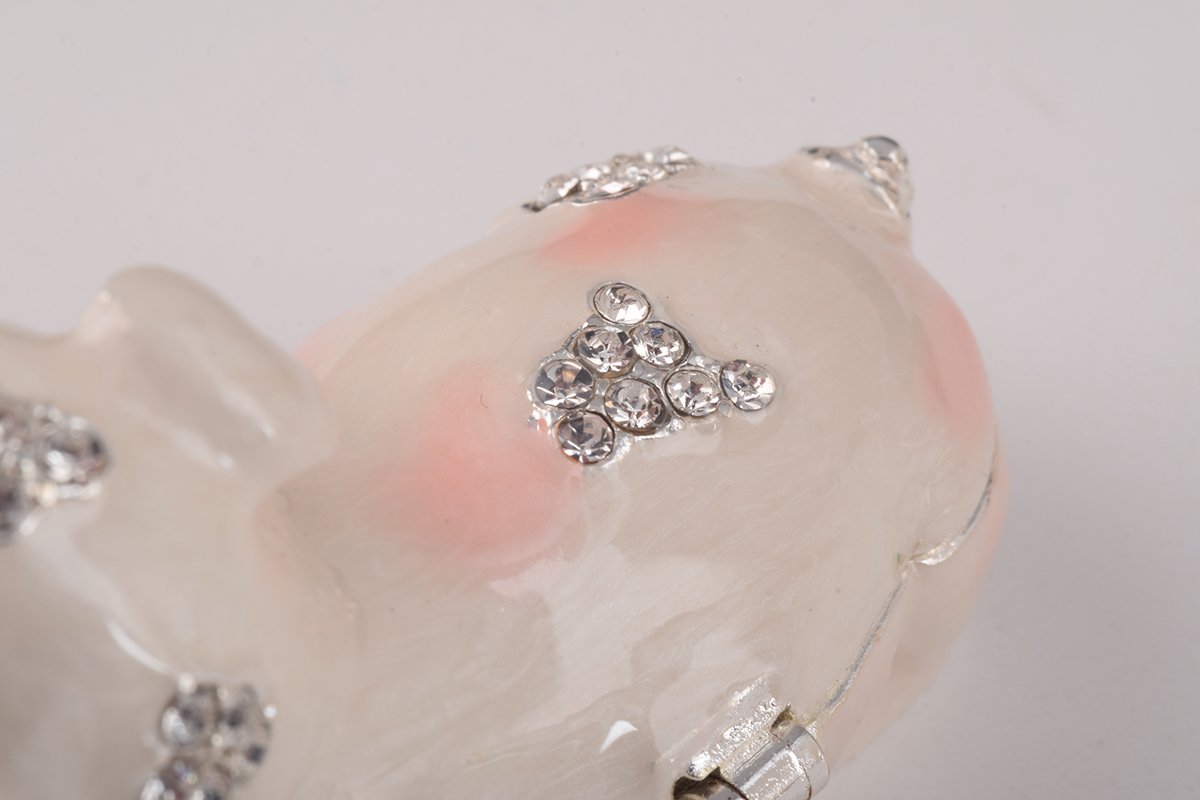 Handcrafted Pink Pig trinket box adorned with Austrian crystals and 24K gold plating, showcasing intricate details and a secure magnetic closure.