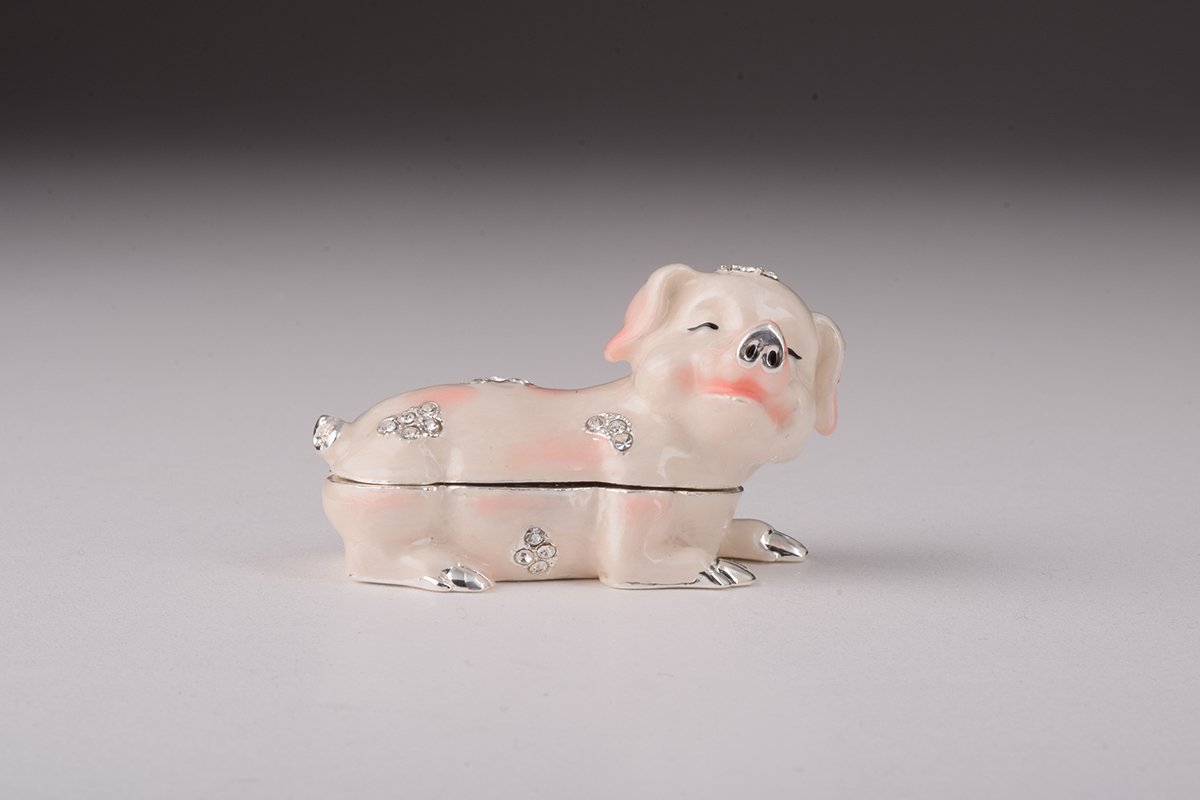 Handcrafted Pink Pig trinket box adorned with Austrian crystals and 24K gold plating, showcasing intricate details and a secure magnetic closure.