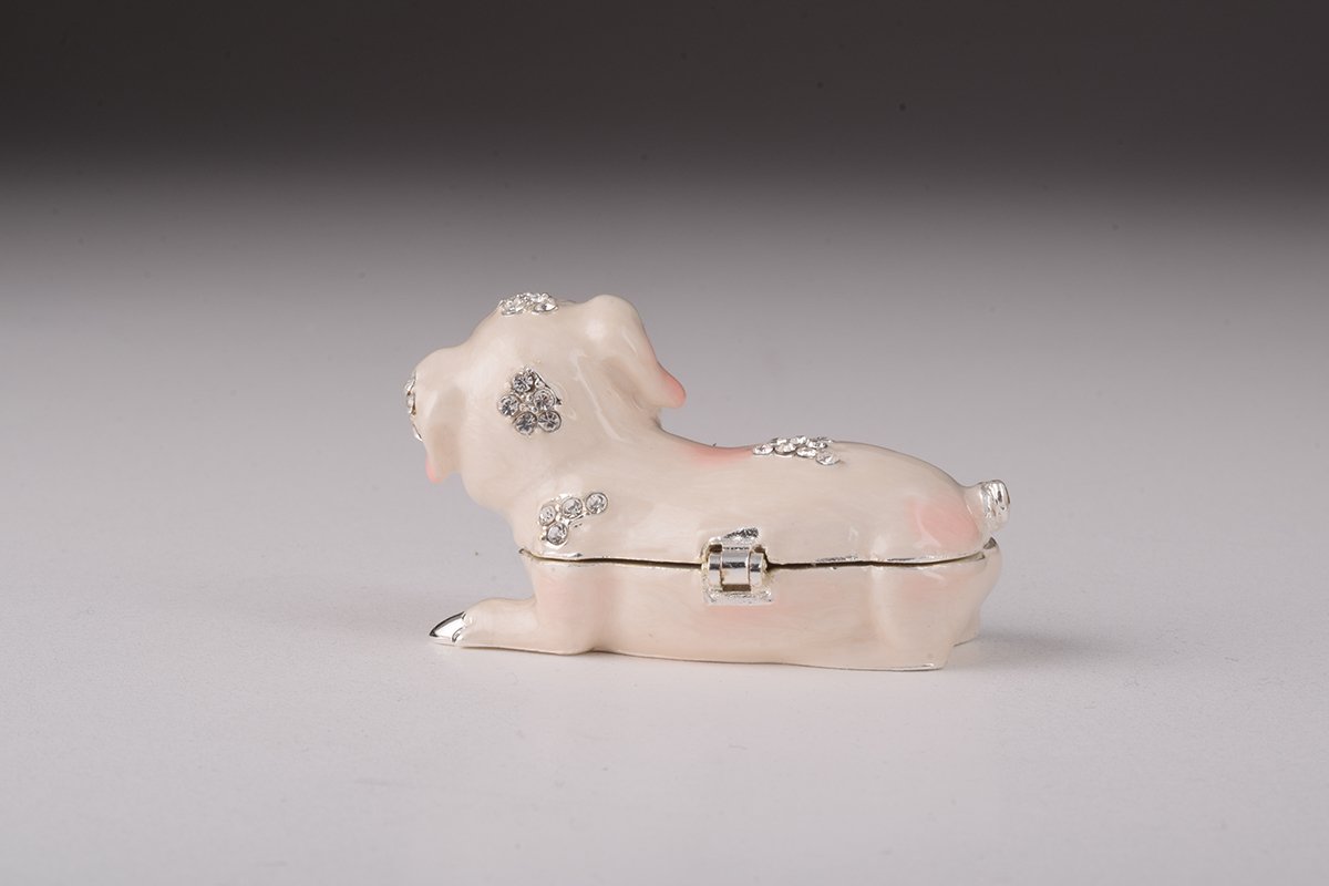 Handcrafted Pink Pig trinket box adorned with Austrian crystals and 24K gold plating, showcasing intricate details and a secure magnetic closure.