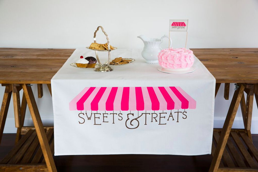 A beautifully designed Pink Sweets & Treats Table Banner featuring a charming pink color scheme, perfect for party decorations.