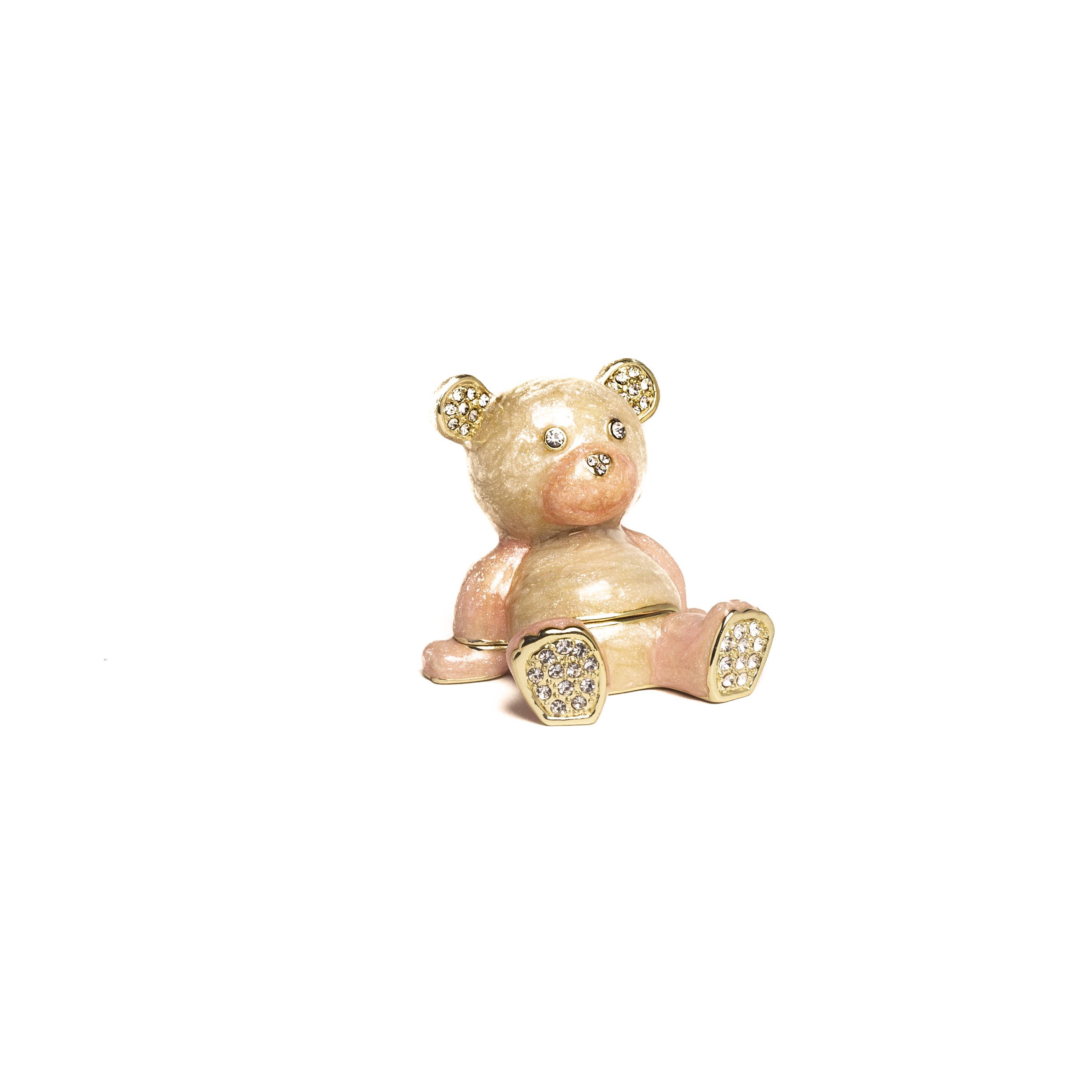 A beautifully handcrafted Pink Teddy Bear trinket box adorned with Austrian crystals and plated with 24K gold, showcasing intricate details.