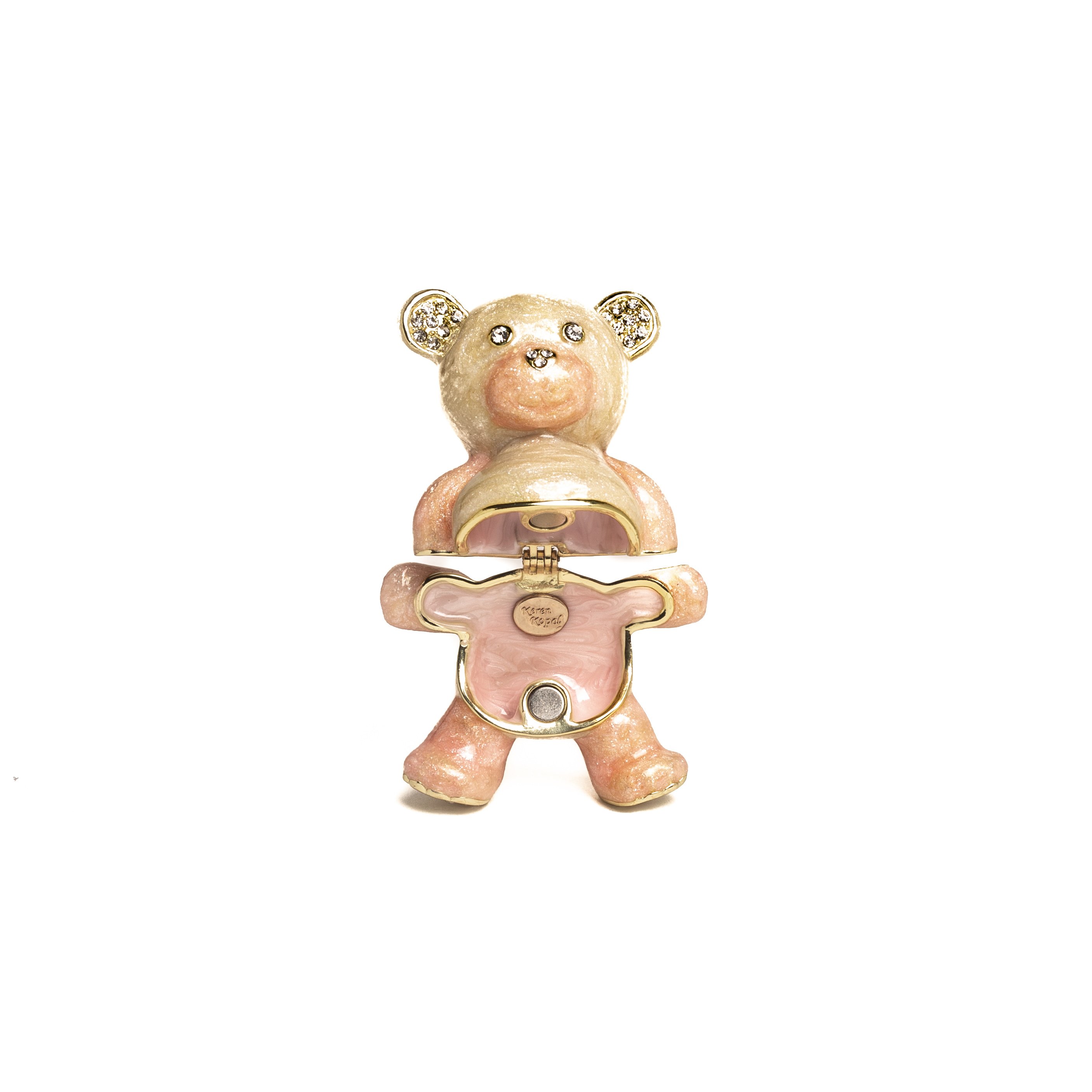 A beautifully handcrafted Pink Teddy Bear trinket box adorned with Austrian crystals and plated with 24K gold, showcasing intricate details.