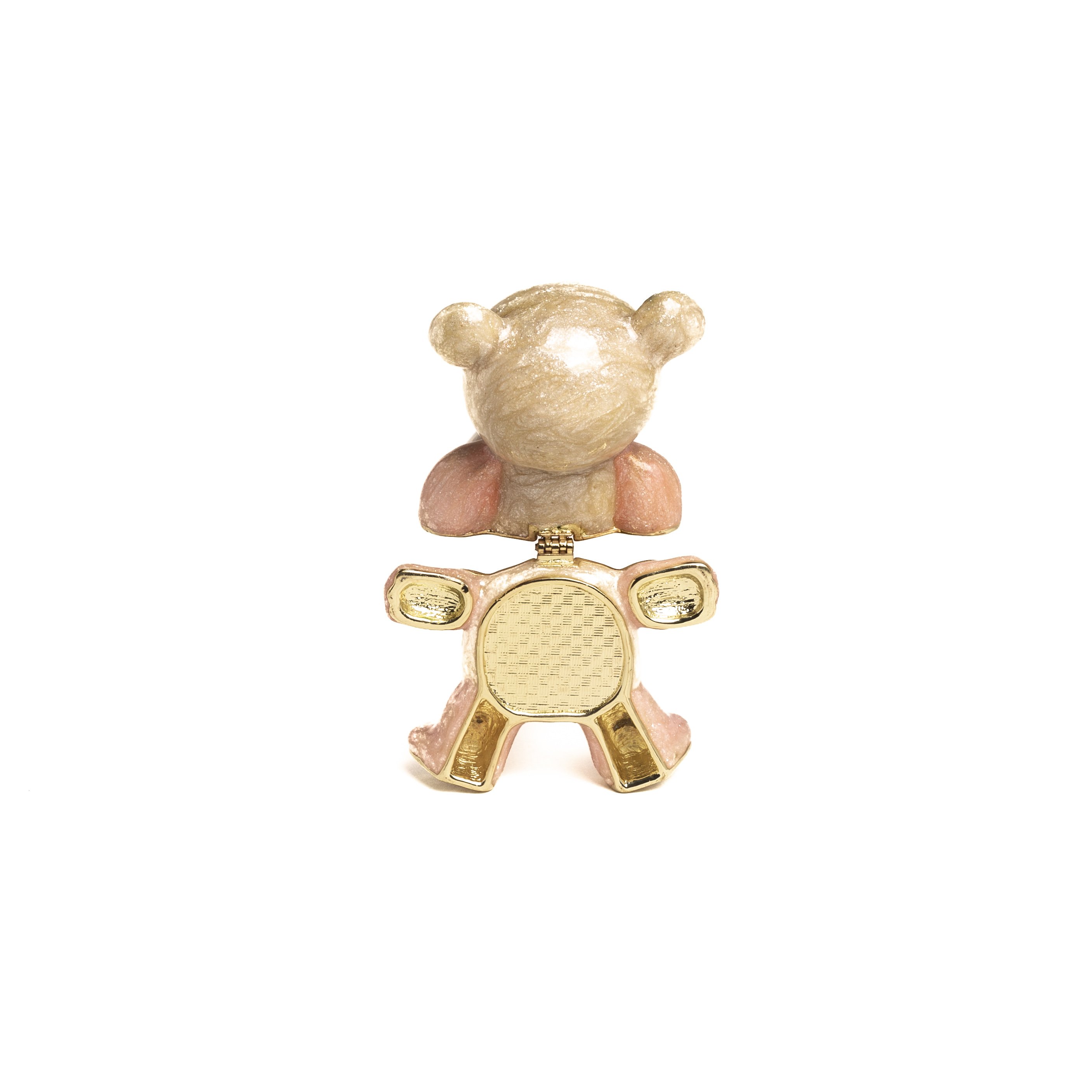 A beautifully handcrafted Pink Teddy Bear trinket box adorned with Austrian crystals and plated with 24K gold, showcasing intricate details.