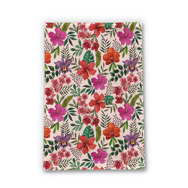 A vibrant pink tropical flower tea towel made of cotton twill, featuring a beautiful floral design, perfect for kitchen use.