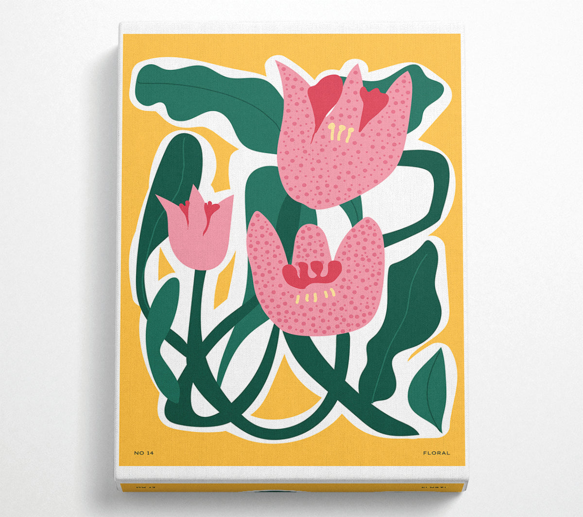 A vibrant artwork featuring pink tulip leaves printed on coated polyester canvas, mounted on a 44mm box frame, ready to hang.