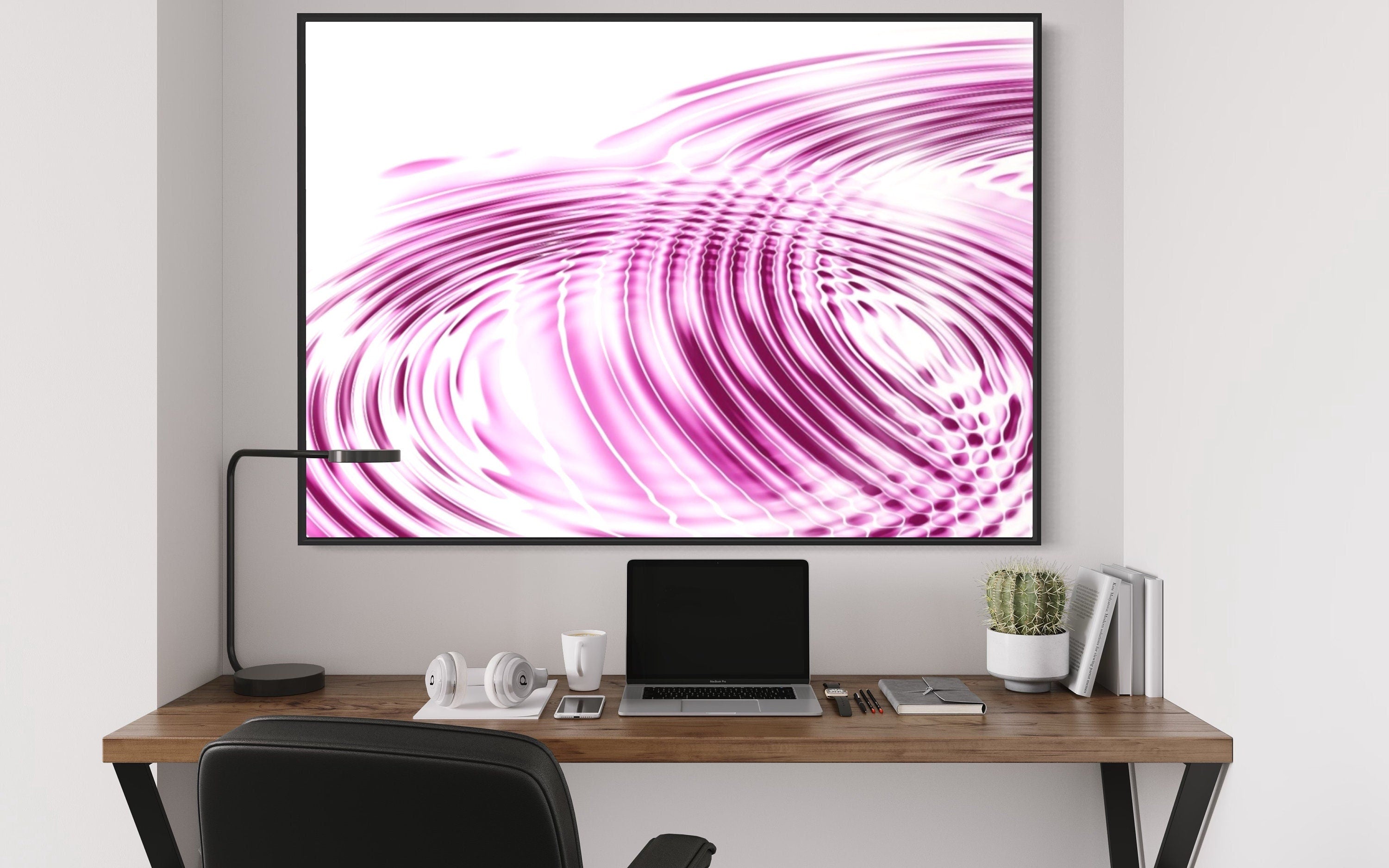 A beautiful print of pink and white ripples created by water droplets, evoking tranquility and serenity.