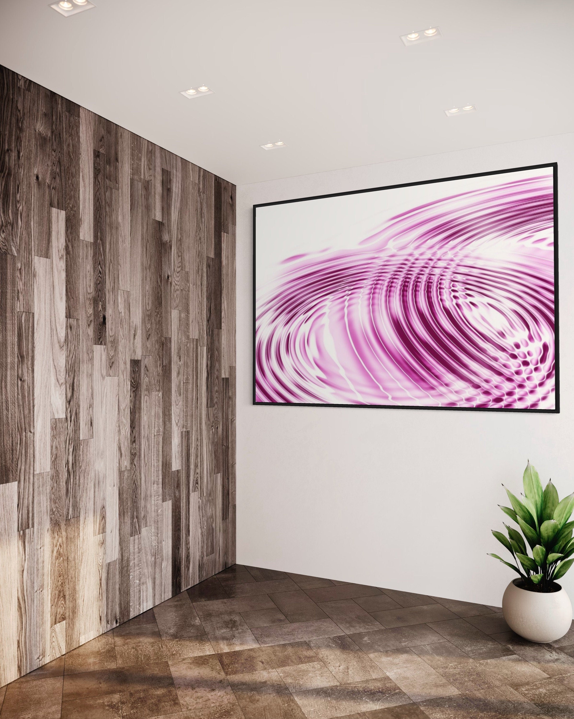 A beautiful print of pink and white ripples created by water droplets, evoking tranquility and serenity.