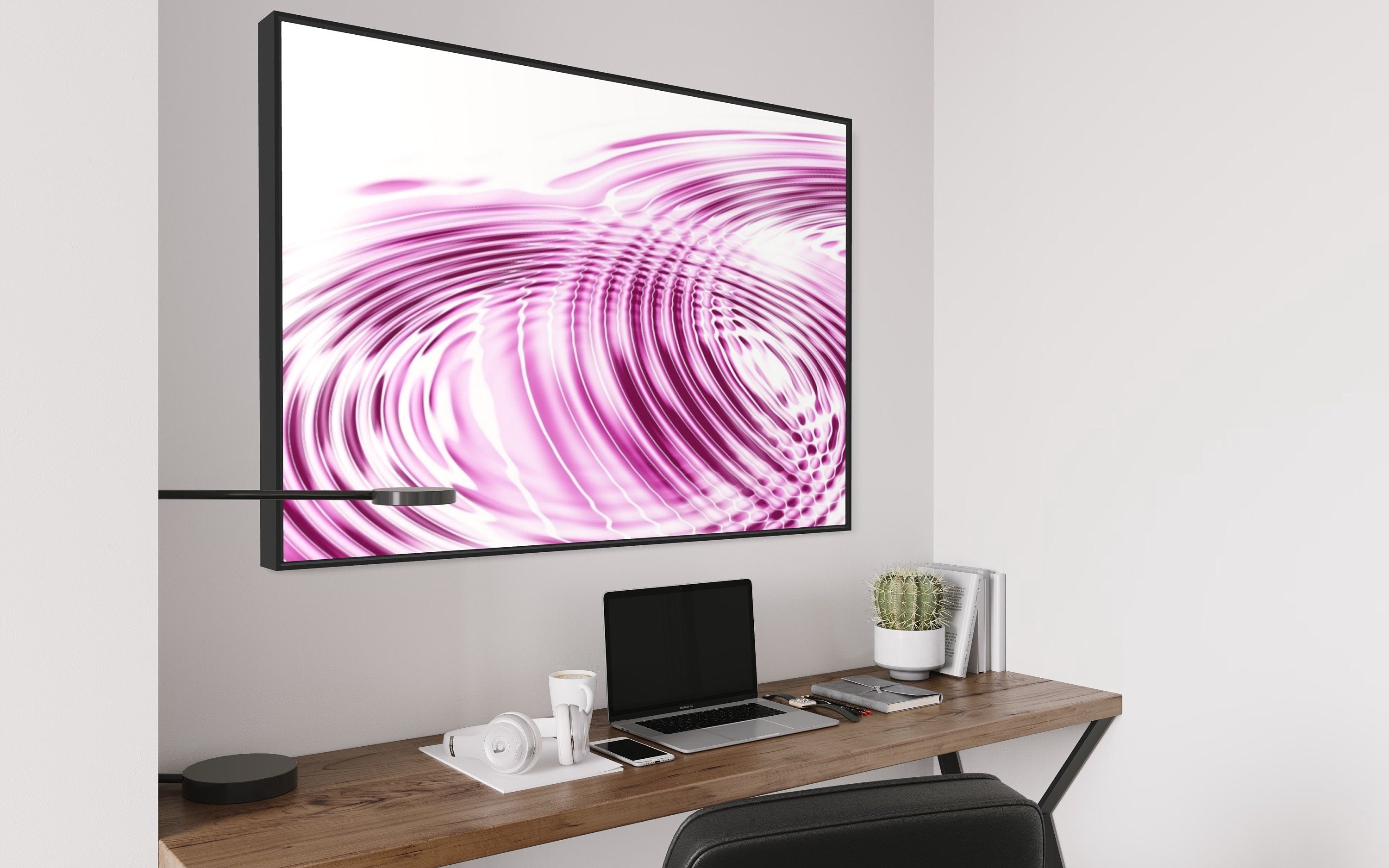 A beautiful print of pink and white ripples created by water droplets, evoking tranquility and serenity.