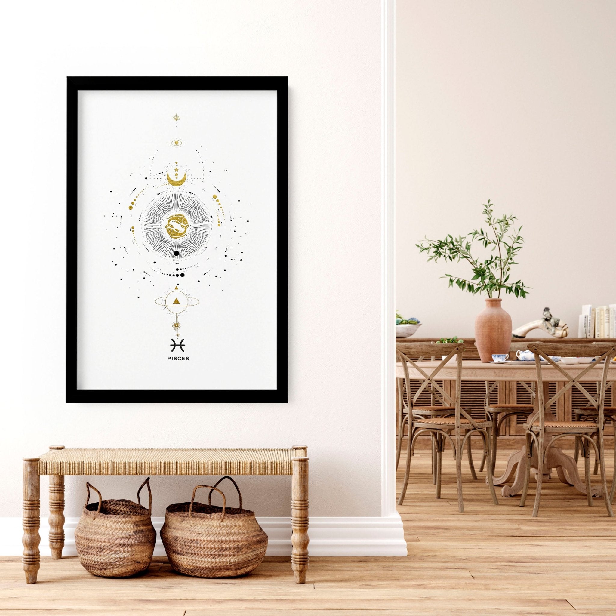 Elegant Pisces zodiac sign wall art print in black, white, and gold colors, showcasing intricate design and premium quality.