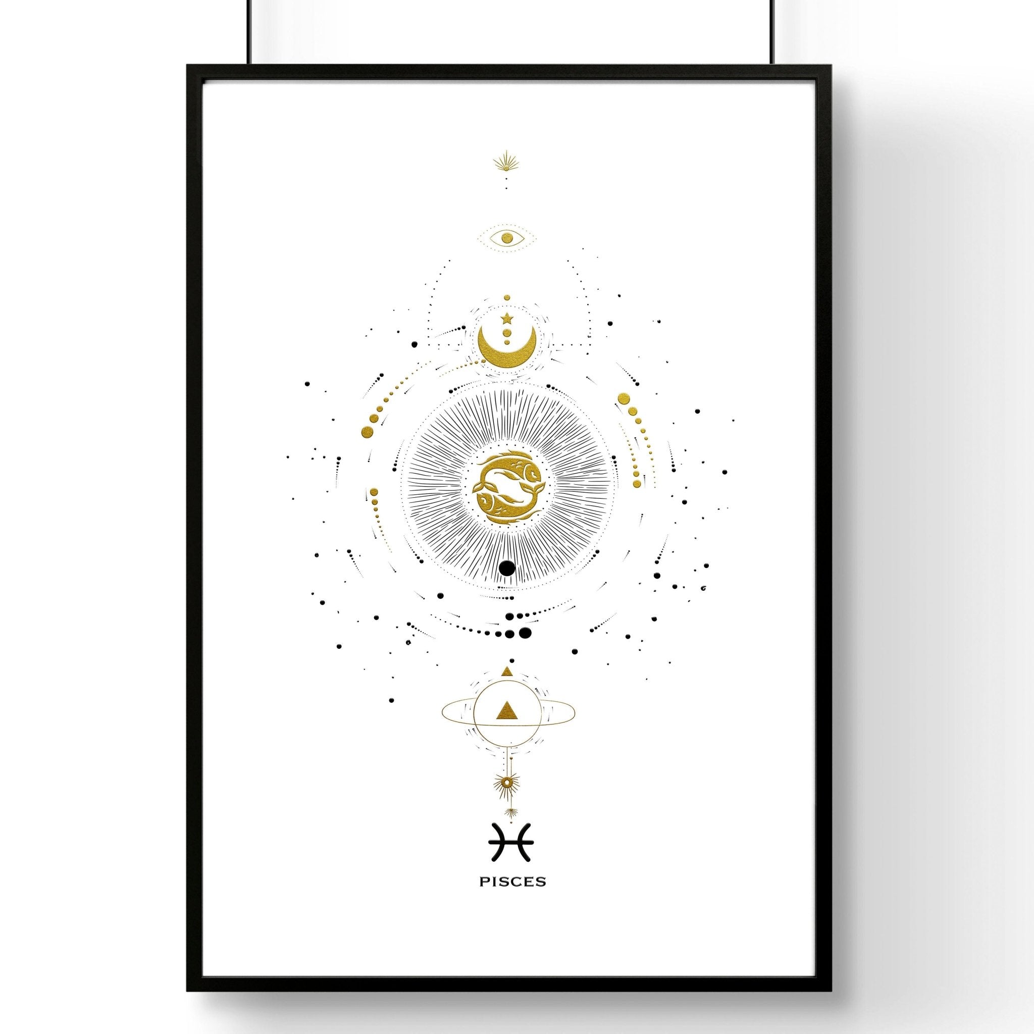 Elegant Pisces zodiac sign wall art print in black, white, and gold colors, showcasing intricate design and premium quality.