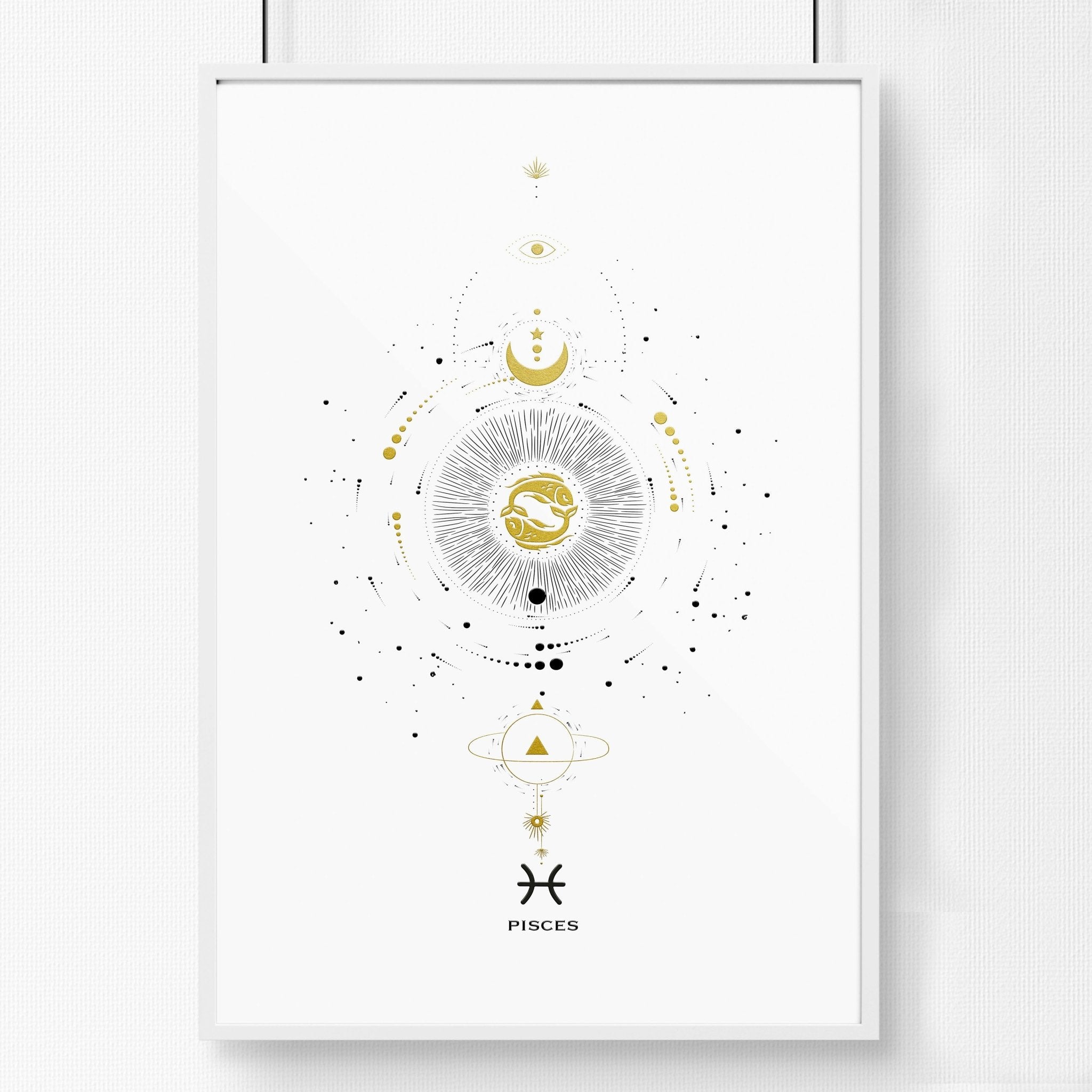 Elegant Pisces zodiac sign wall art print in black, white, and gold colors, showcasing intricate design and premium quality.