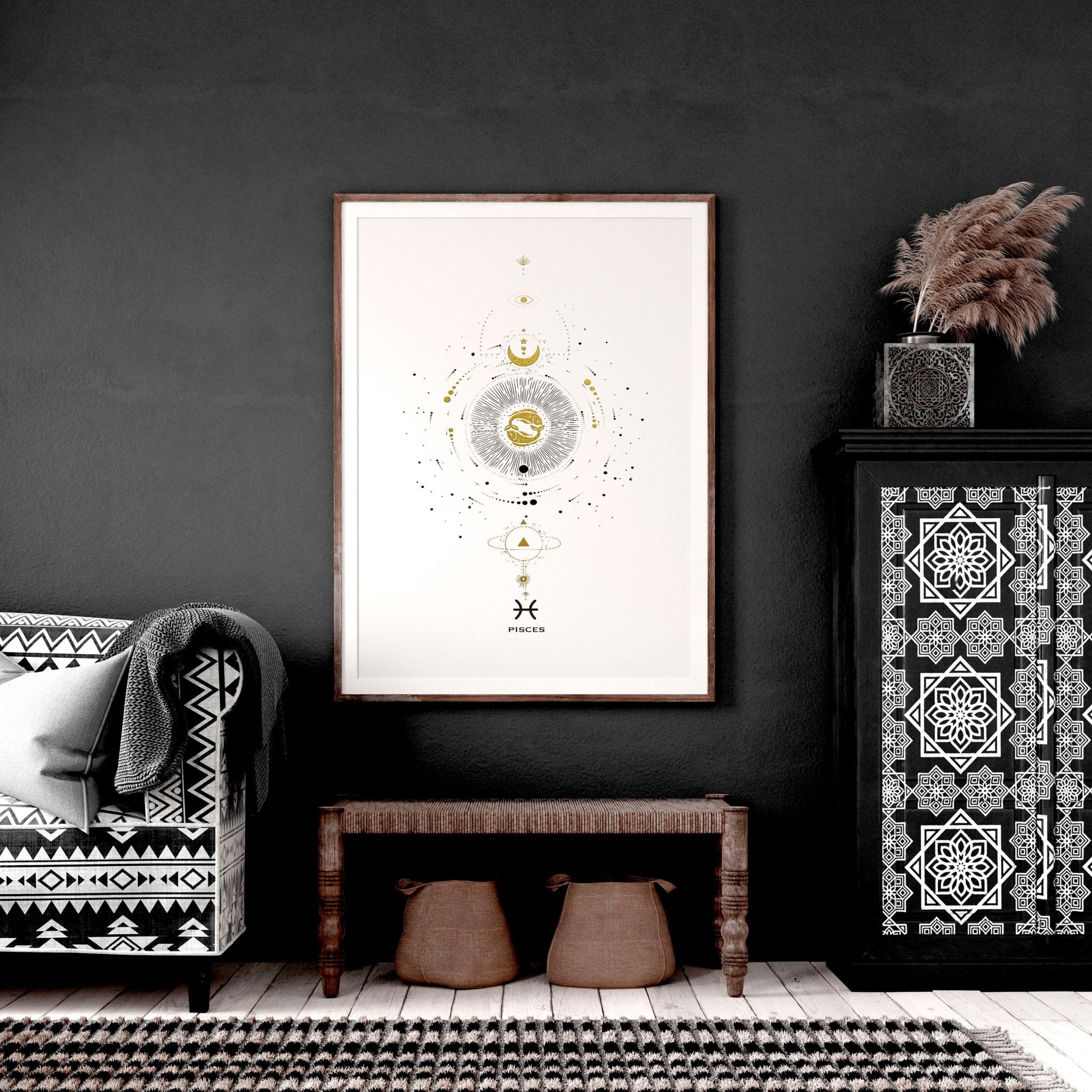 Elegant Pisces zodiac sign wall art print in black, white, and gold colors, showcasing intricate design and premium quality.