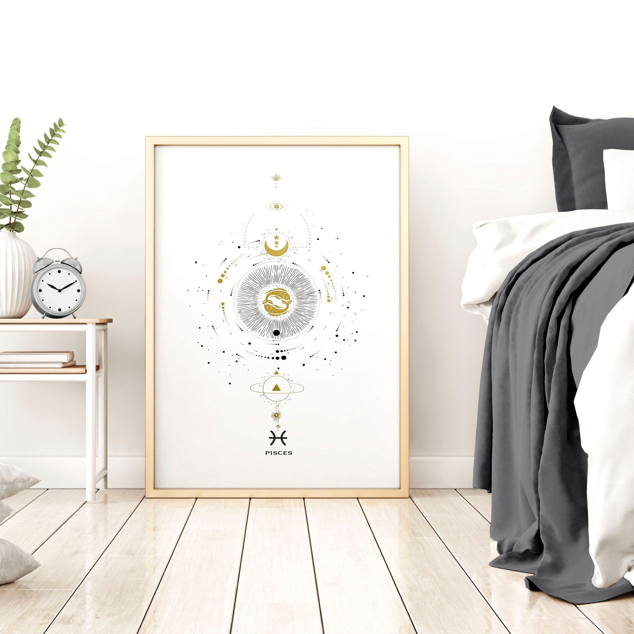 Elegant Pisces zodiac sign wall art print in black, white, and gold colors, showcasing intricate design and premium quality.