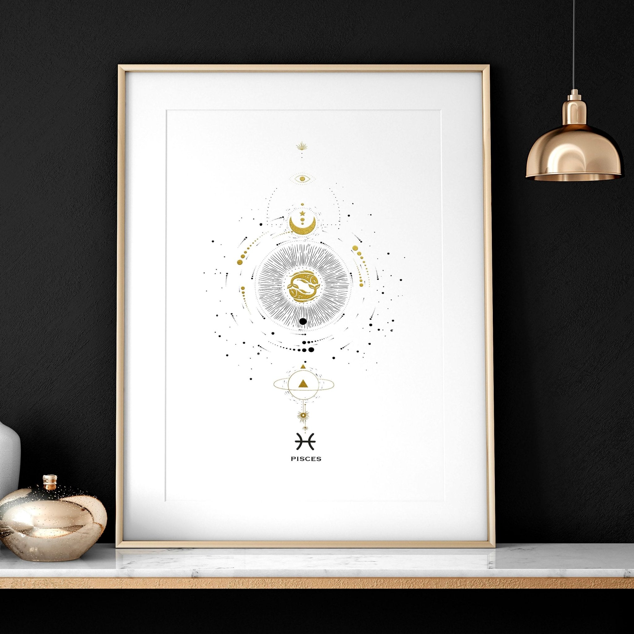 Elegant Pisces zodiac sign wall art print in black, white, and gold colors, showcasing intricate design and premium quality.