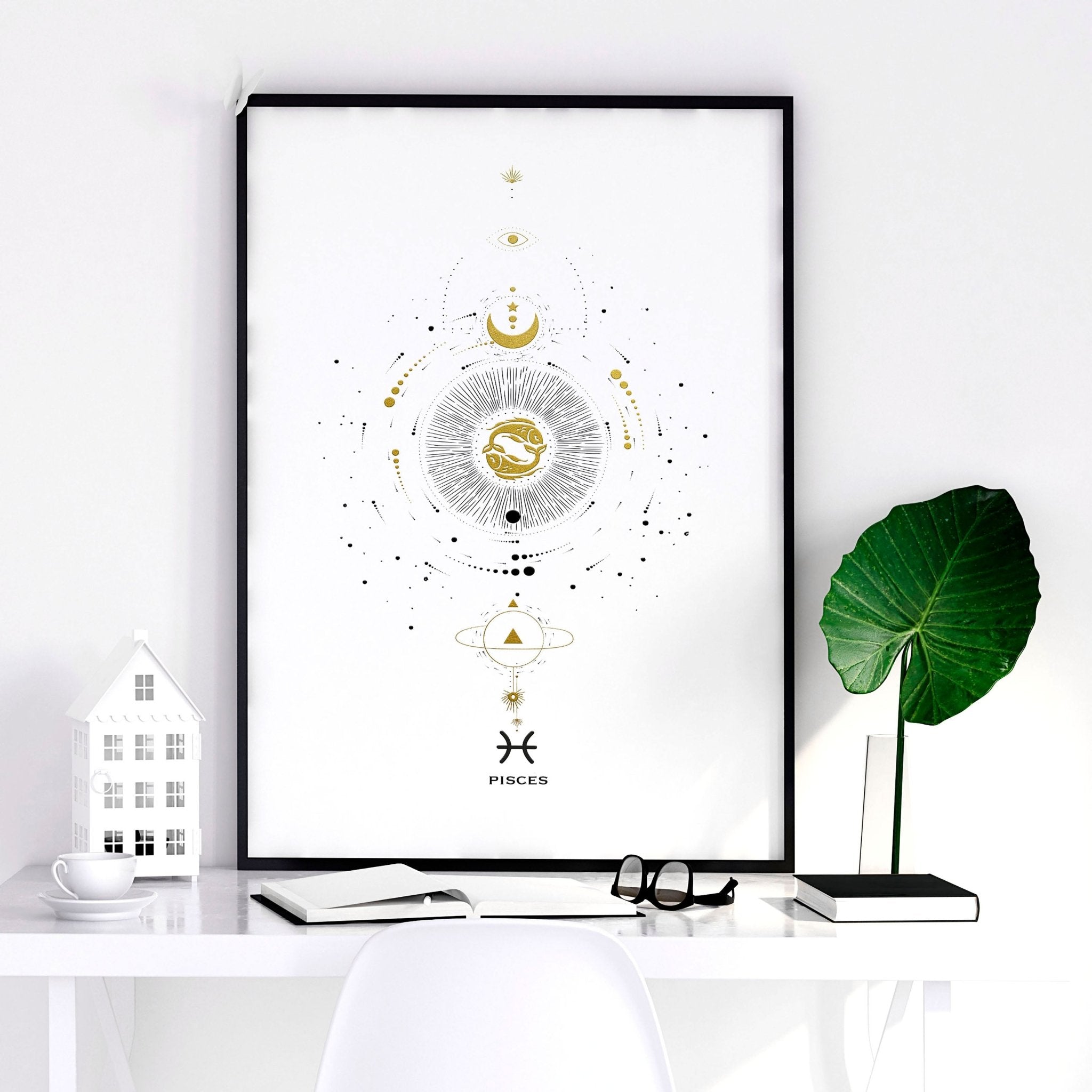 Elegant Pisces zodiac sign wall art print in black, white, and gold colors, showcasing intricate design and premium quality.