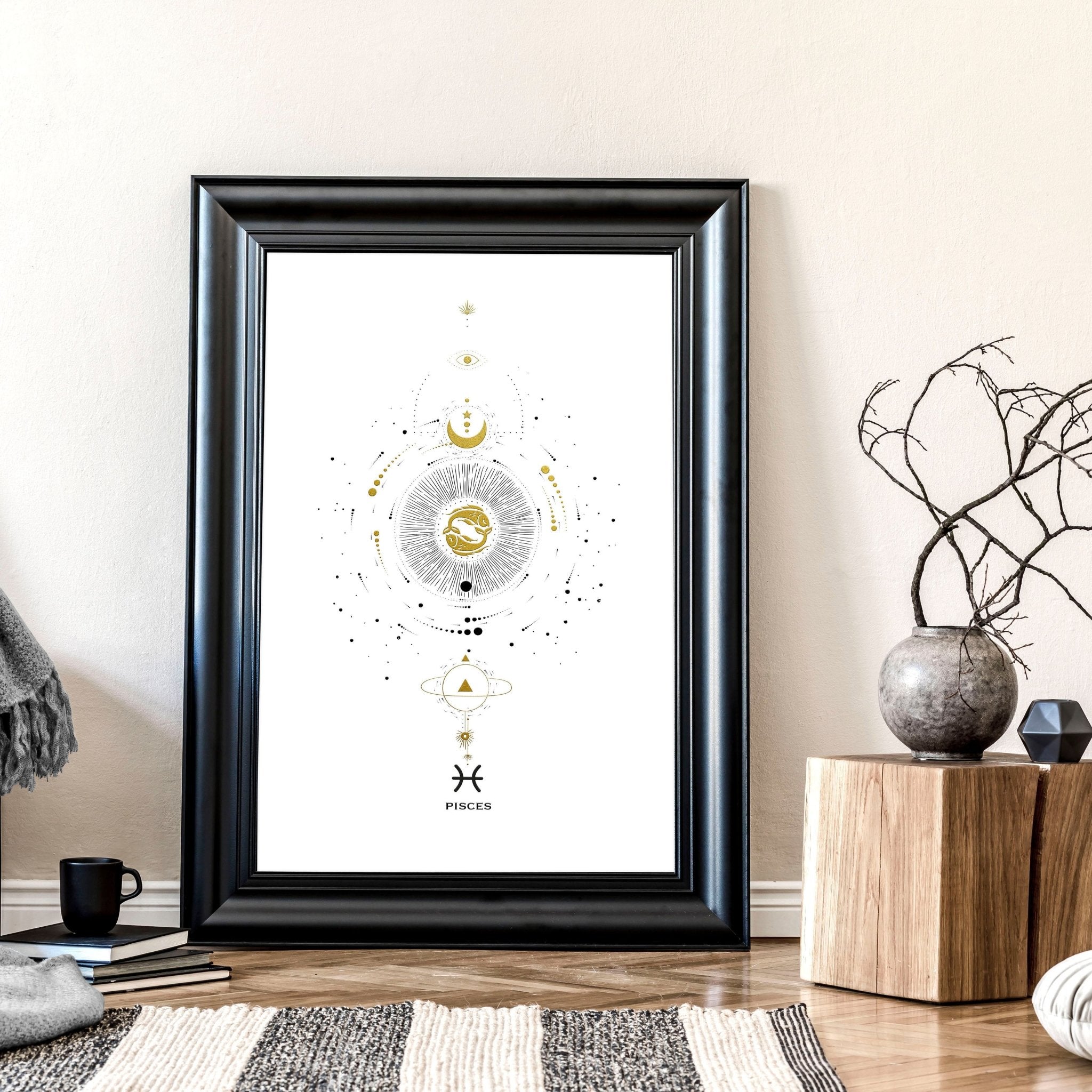 Elegant Pisces zodiac sign wall art print in black, white, and gold colors, showcasing intricate design and premium quality.