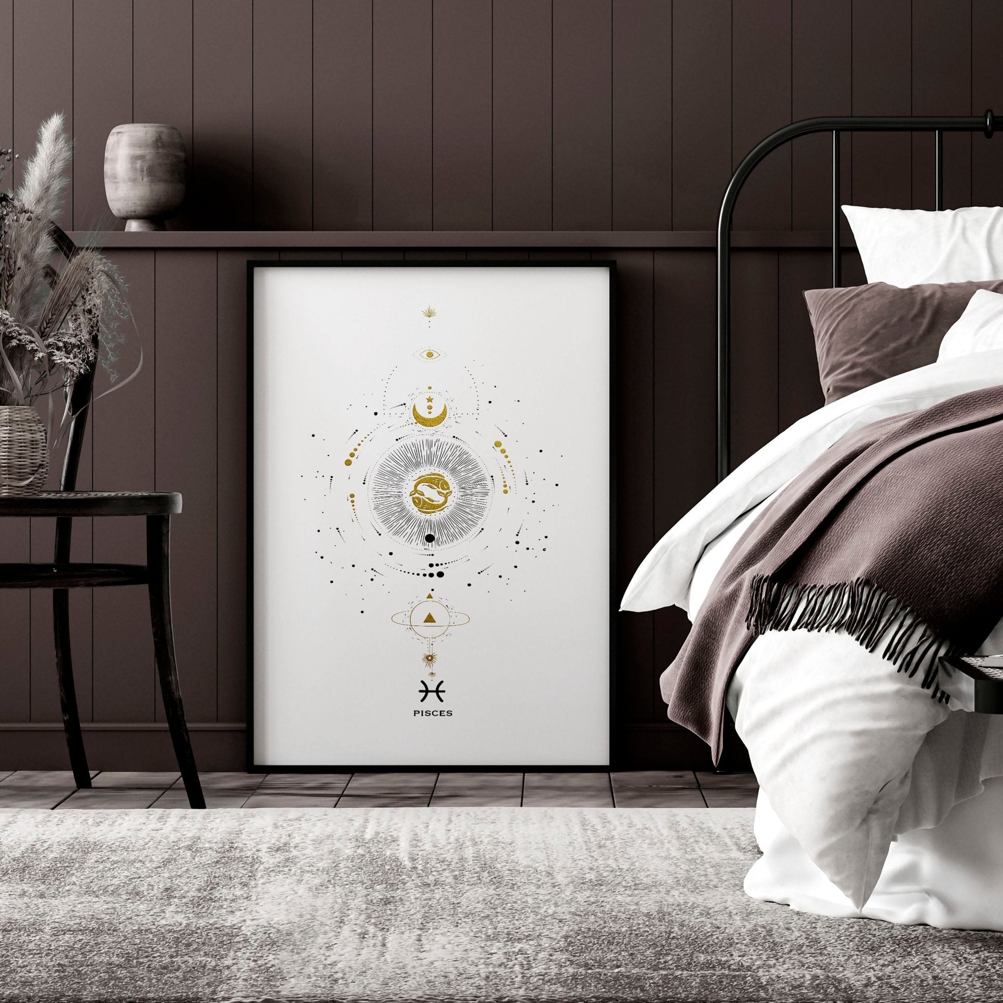 Elegant Pisces zodiac sign wall art print in black, white, and gold colors, showcasing intricate design and premium quality.