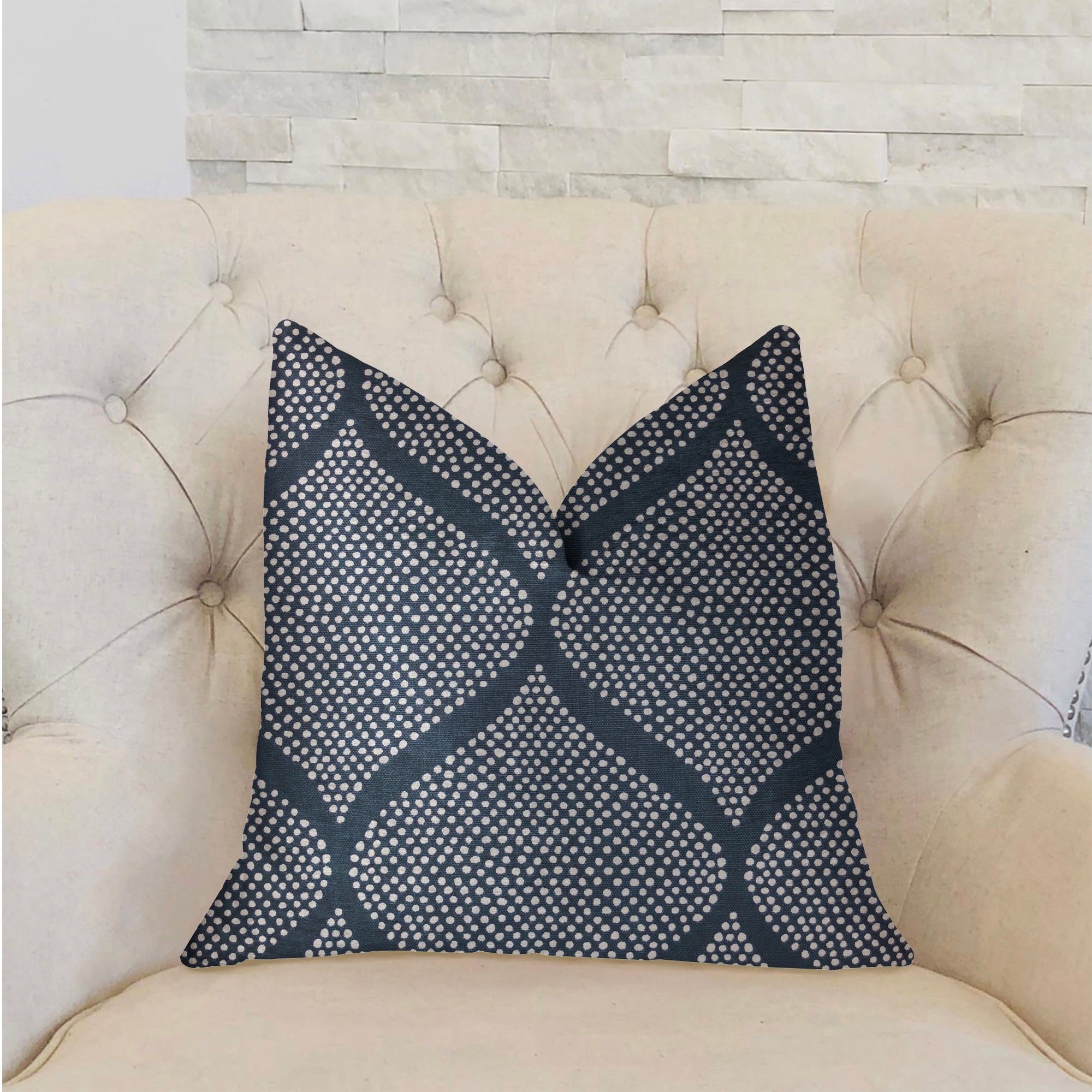 Pitaya Blue and White Luxury Throw Pillow featuring a geometric pattern, handmade in the USA with a soft cotton fabric.