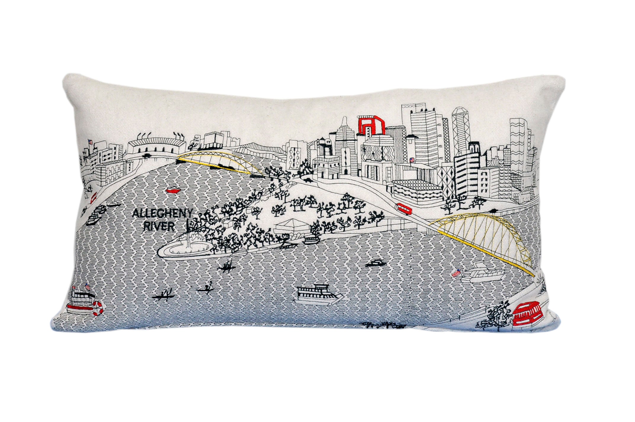 Pittsburgh Pillow featuring artistic graphics of iconic landmarks with a red zipper at the bottom.