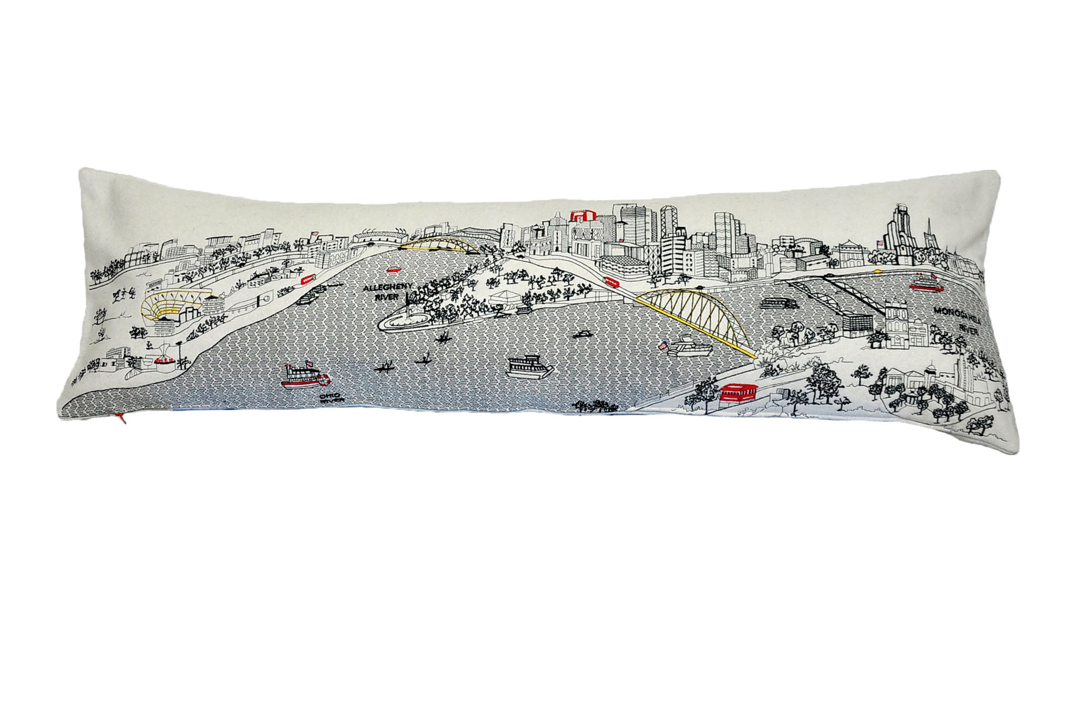 Pittsburgh Pillow featuring artistic graphics of iconic landmarks with a red zipper at the bottom.