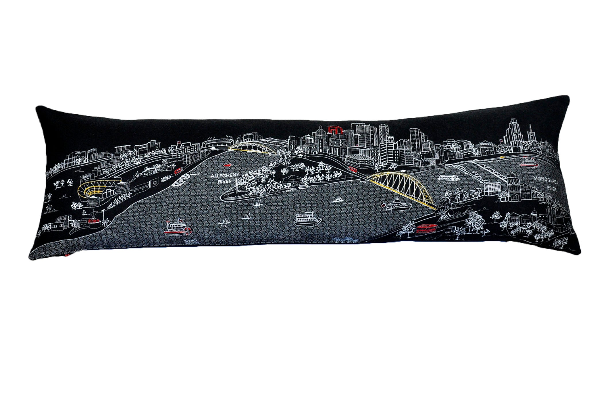 Pittsburgh Pillow featuring artistic graphics of iconic landmarks with a red zipper at the bottom.