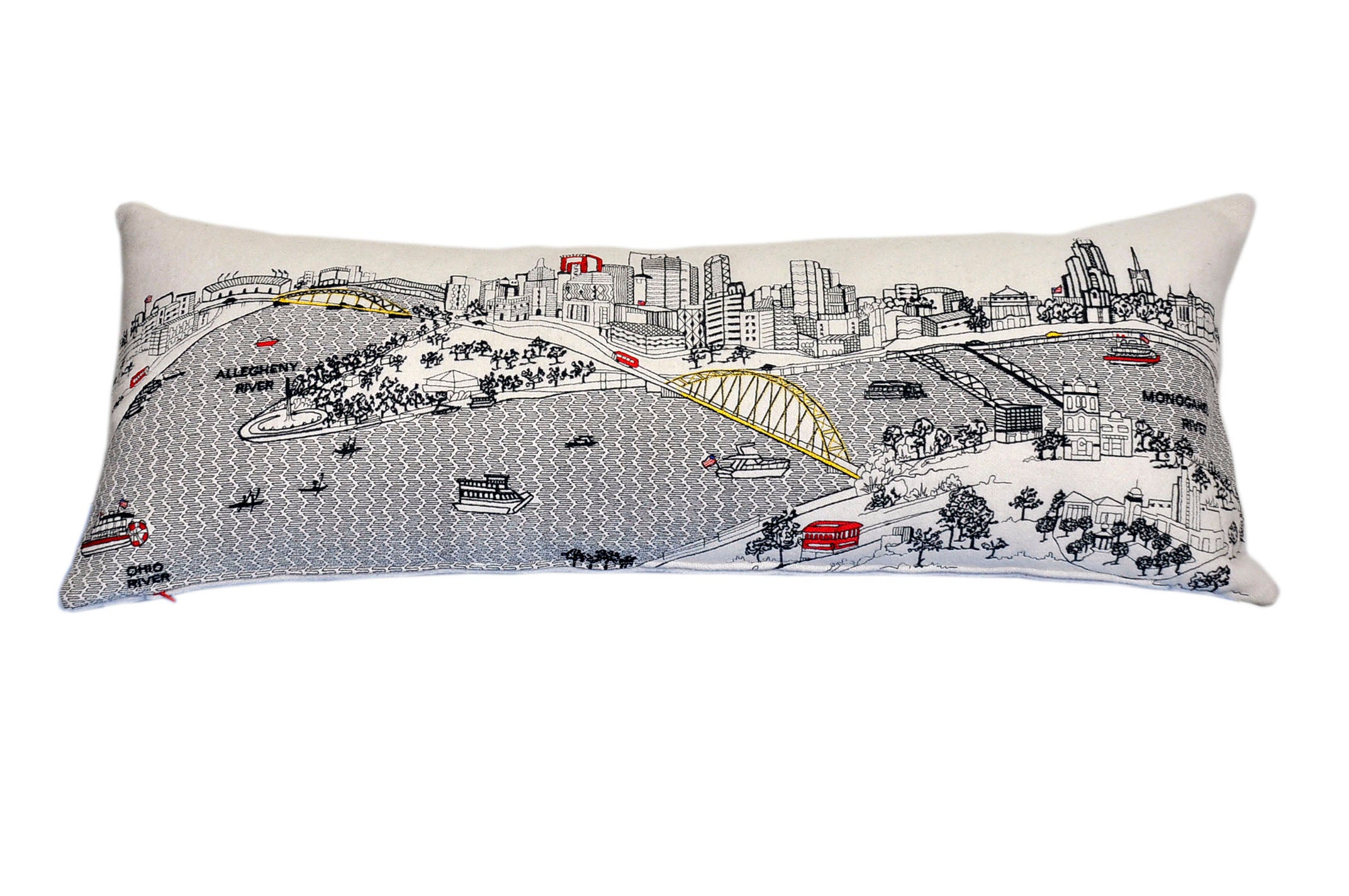 Pittsburgh Pillow featuring artistic graphics of iconic landmarks with a red zipper at the bottom.