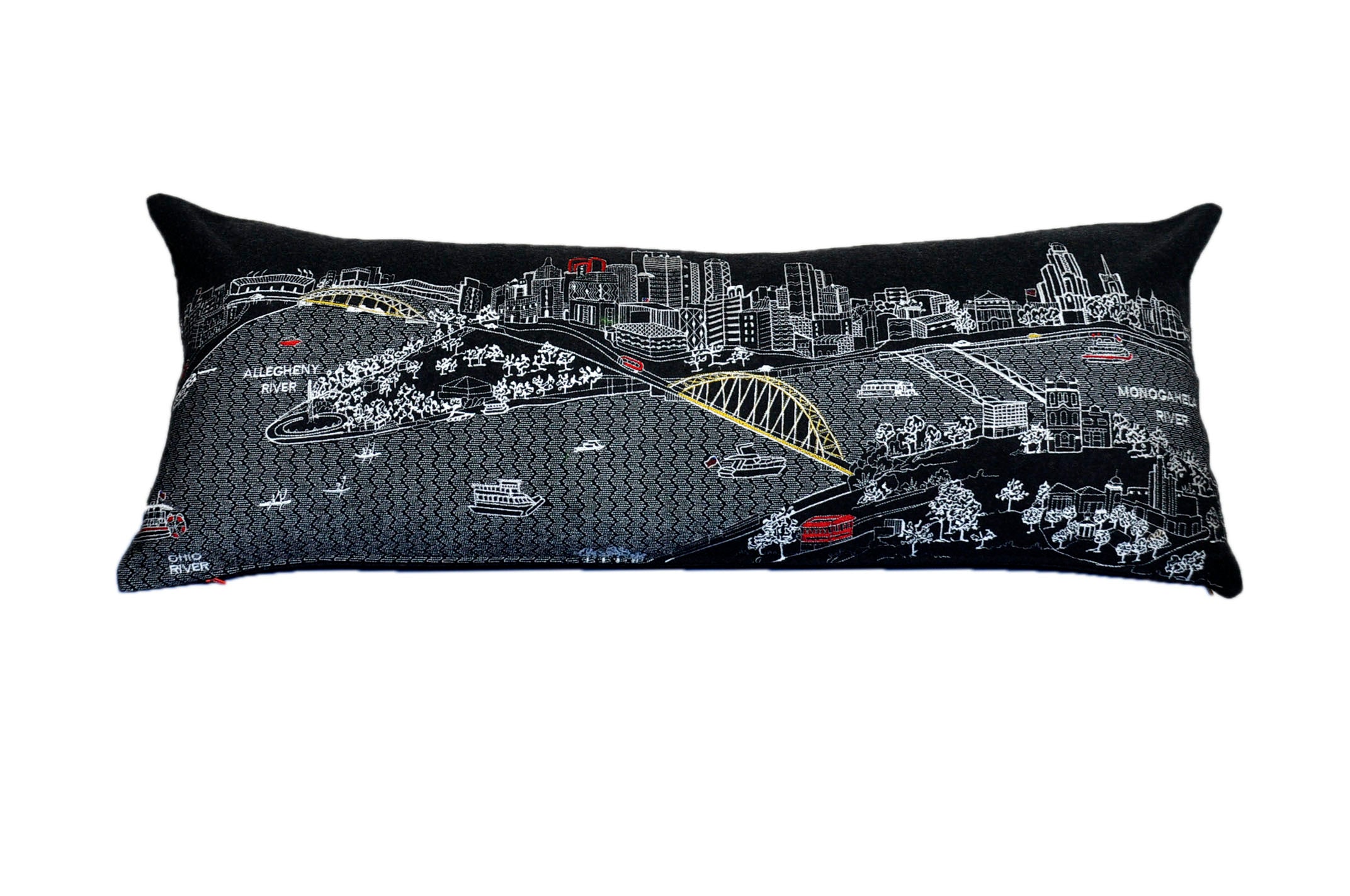 Pittsburgh Pillow featuring artistic graphics of iconic landmarks with a red zipper at the bottom.