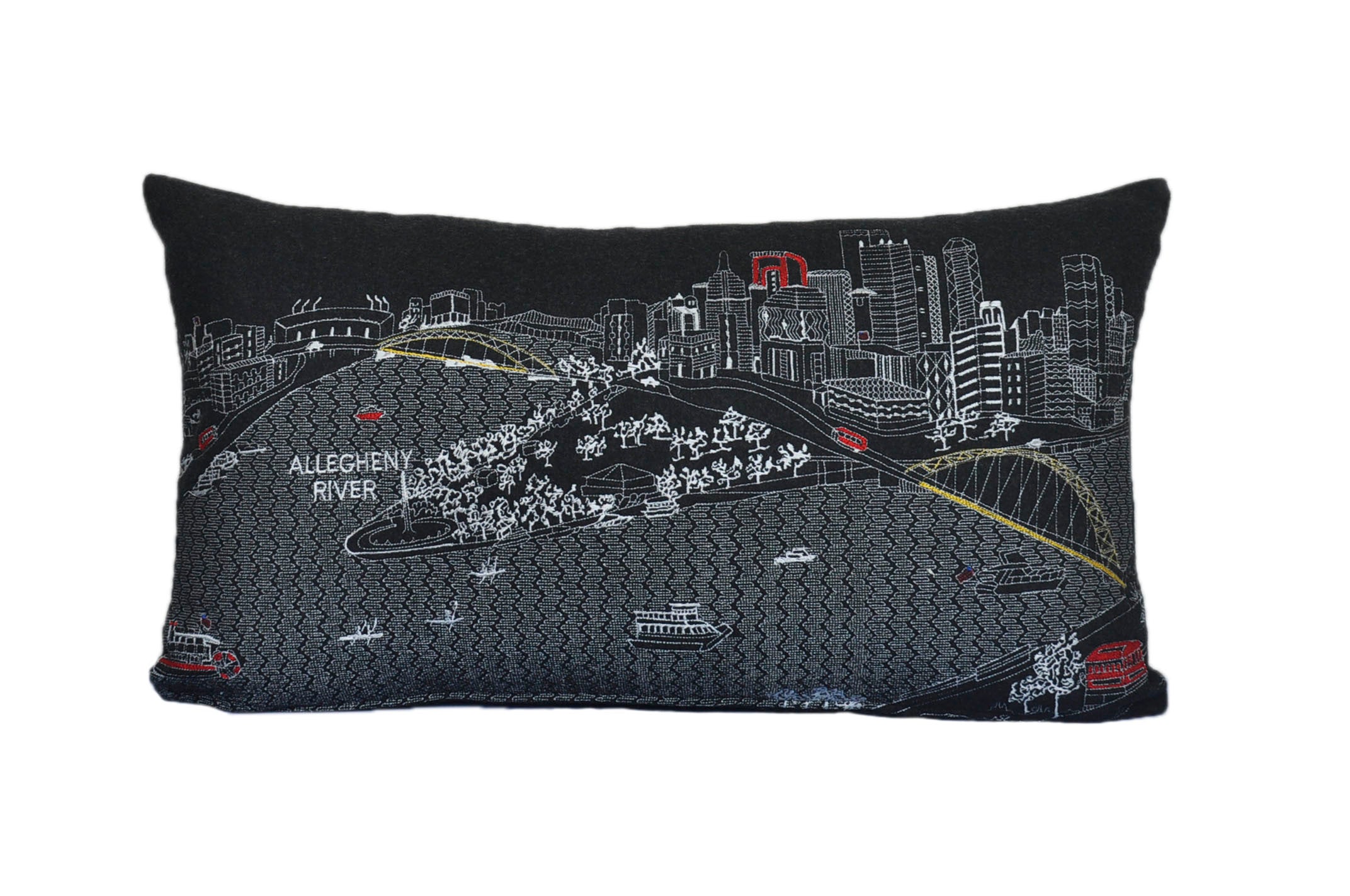 Pittsburgh Pillow featuring artistic graphics of iconic landmarks with a red zipper at the bottom.