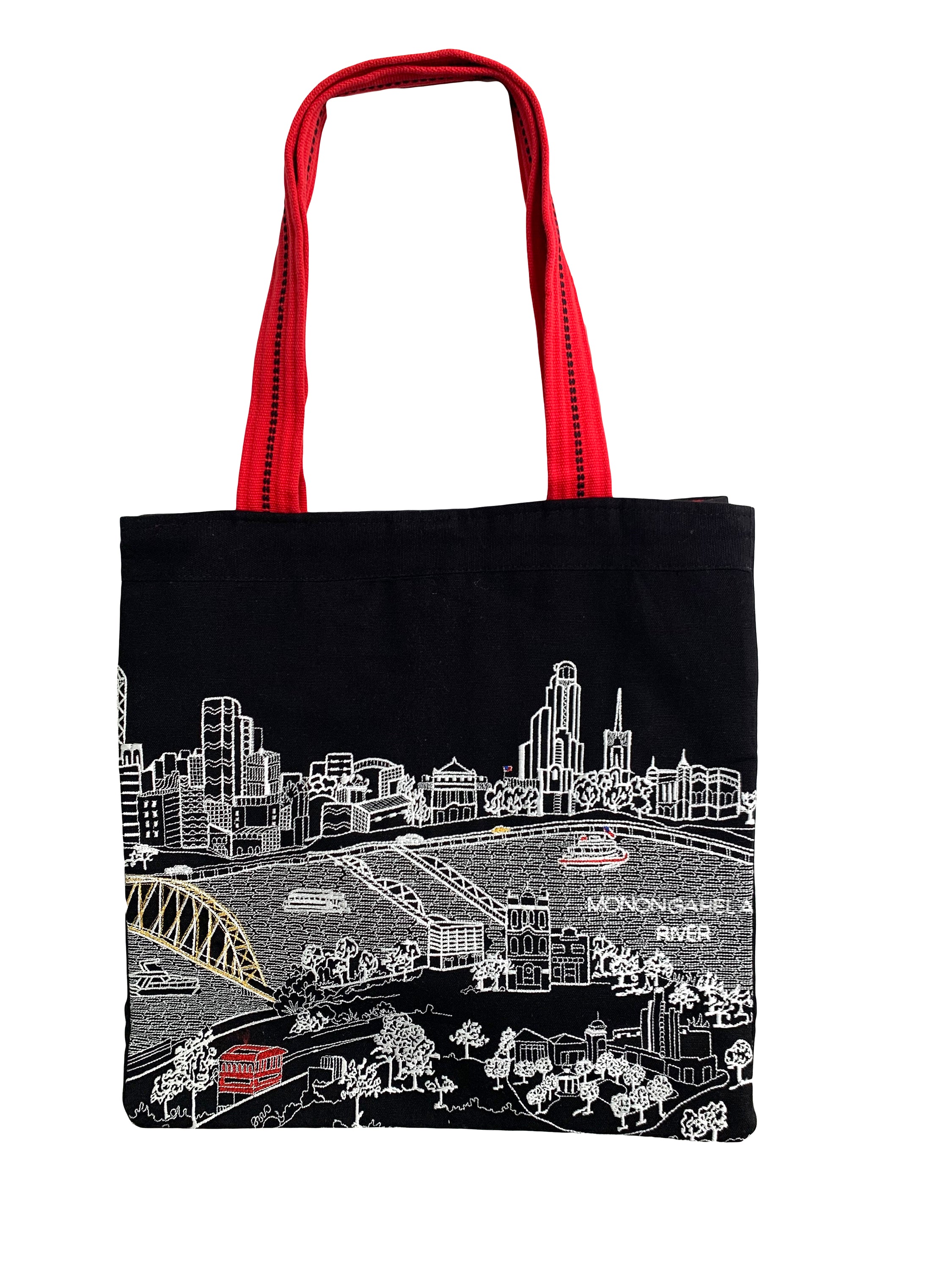 Pittsburgh Tote Bag featuring an embroidered skyline design, available in cream and black with red waterproof lining and straps.