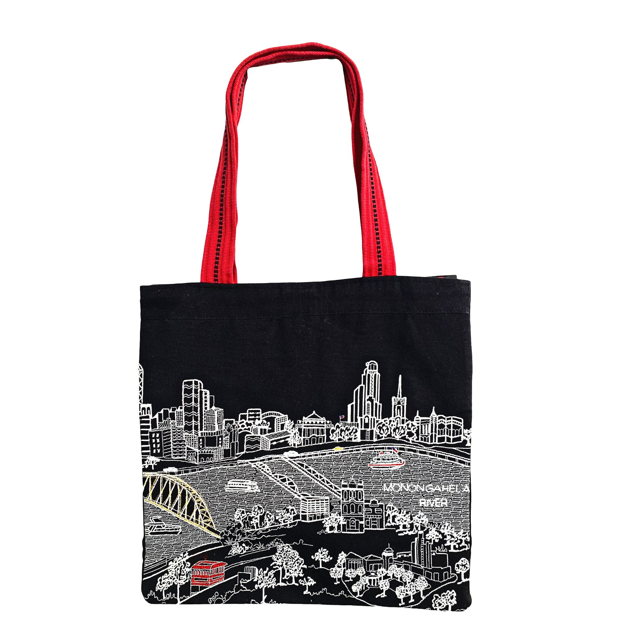 Pittsburgh Tote Bag featuring an embroidered skyline design, available in cream and black with red waterproof lining and straps.