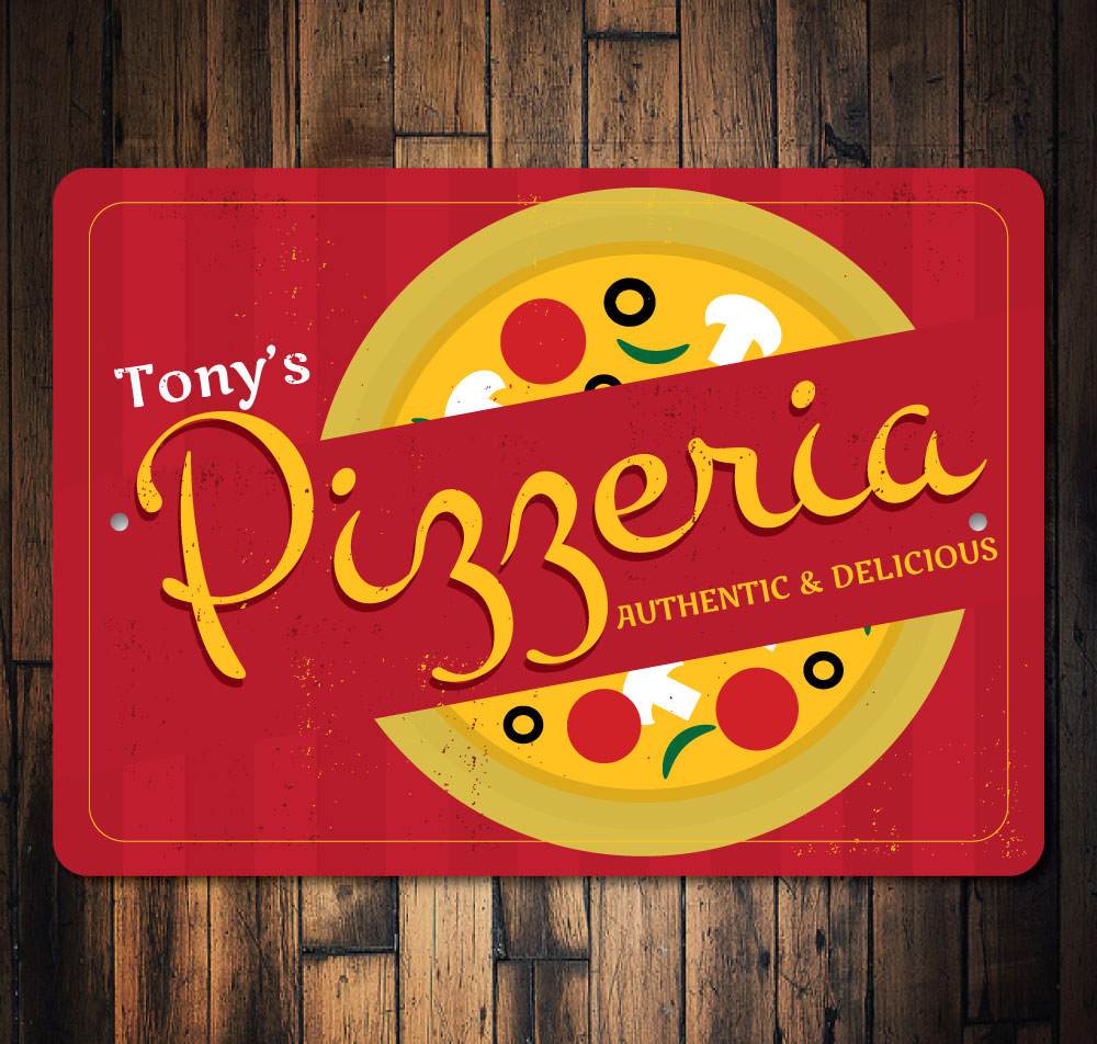 A vibrant Pizzeria Sign made of high-quality aluminum, featuring customizable text options, perfect for home or business decor.