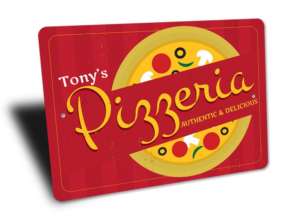 A vibrant Pizzeria Sign made of high-quality aluminum, featuring customizable text options, perfect for home or business decor.