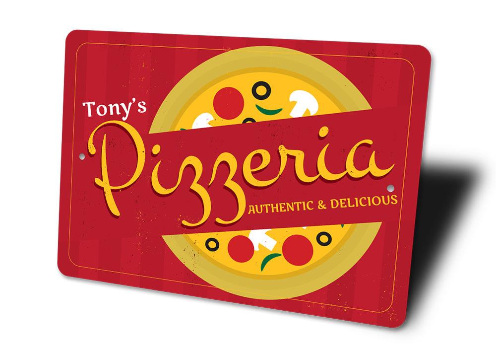 A vibrant Pizzeria Sign made of high-quality aluminum, featuring customizable text options, perfect for home or business decor.