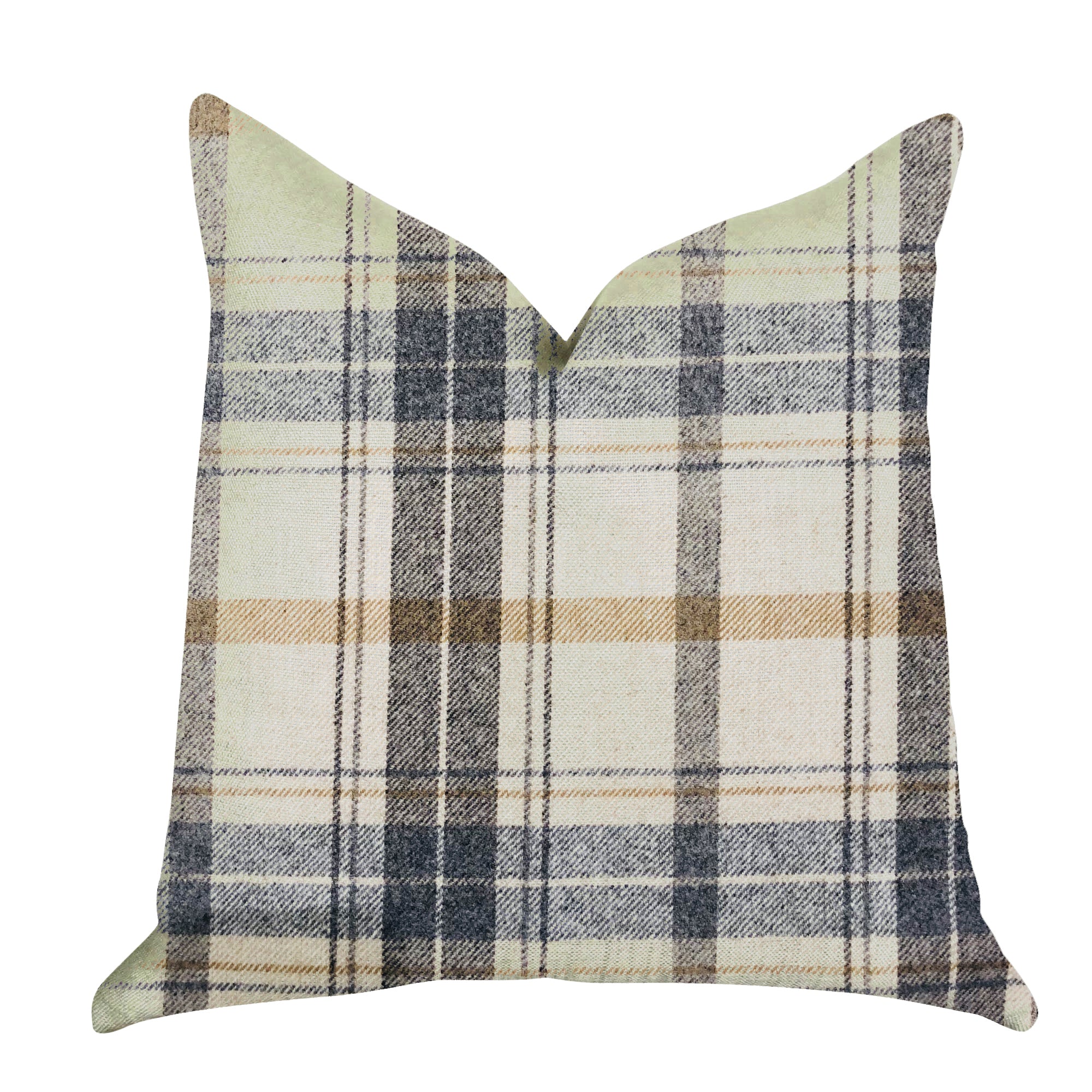 Plaid Rendezvous Luxury Throw Motif Pillow featuring a stylish plaid design in beige, blue, and brown, with a soft fabric blend and invisible zipper.