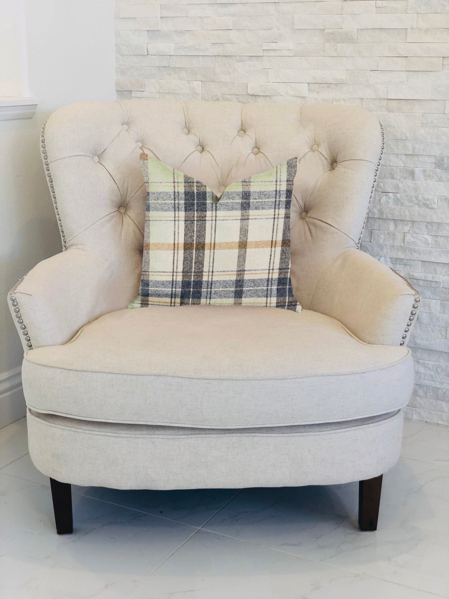 Plaid Rendezvous Luxury Throw Motif Pillow featuring a stylish plaid design in beige, blue, and brown, with a soft fabric blend and invisible zipper.