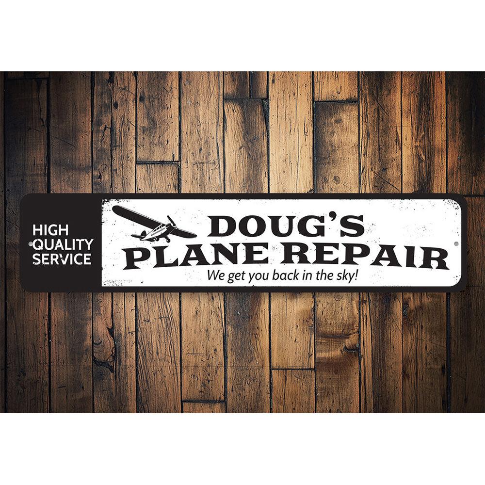 Customizable Plane Repair Sign made from high-quality aluminum, featuring pre-drilled holes for easy mounting.