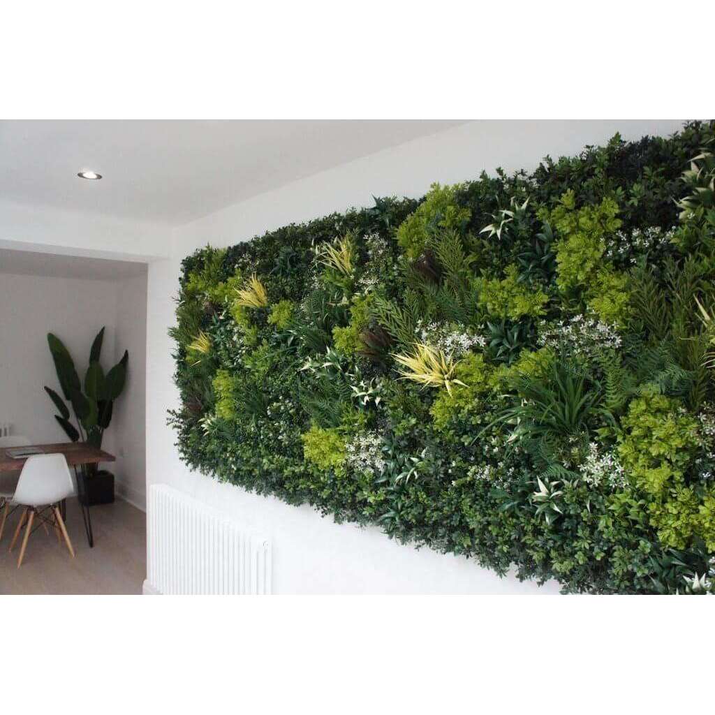 Platinum Garden of Eden Artificial Vertical Garden showcasing lush, realistic foliage on a sturdy metal backing, perfect for indoor and outdoor decor.