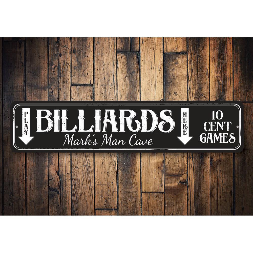 Play Billiards Here Sign made of durable aluminum, featuring customizable text and pre-drilled holes for easy mounting.