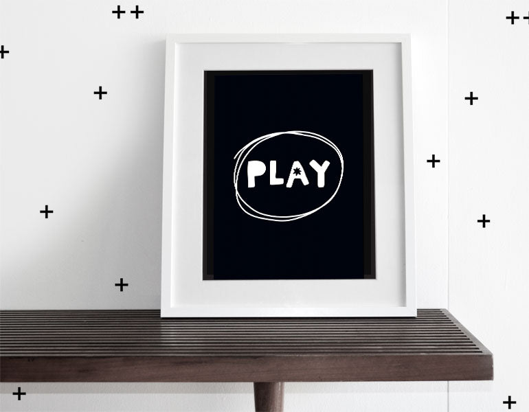 Play More Wall Art featuring modern design for nursery decor, printed on heavyweight high-gloss paper with a white matte.