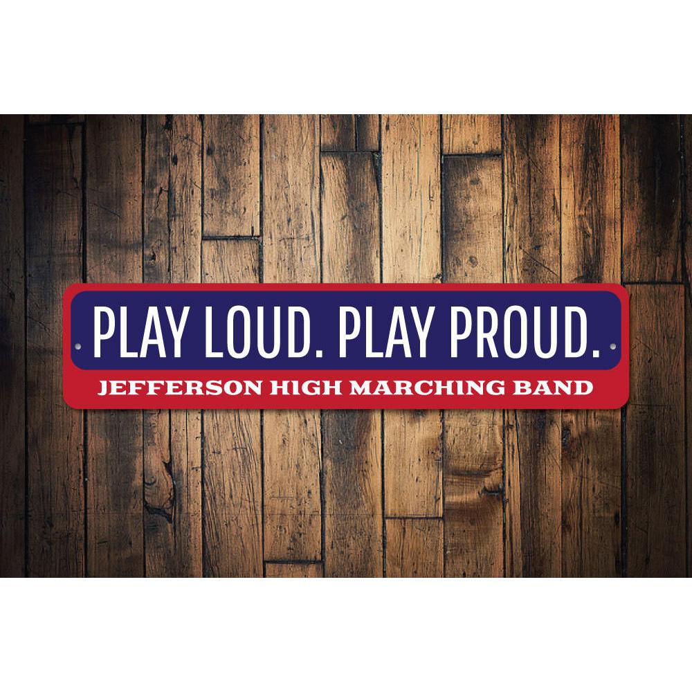 A decorative Play Music Sign made of high-quality aluminum, featuring vibrant colors and customizable text, perfect for music lovers.